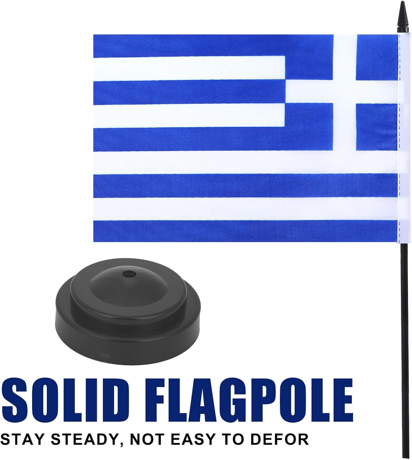 Greece Desk Flag 12" Solid Pole Deluxe Set Greek Flags Banner Mini Small Greece Office Table Flags with Black Stand Base Desktop Decorations(2Pack)