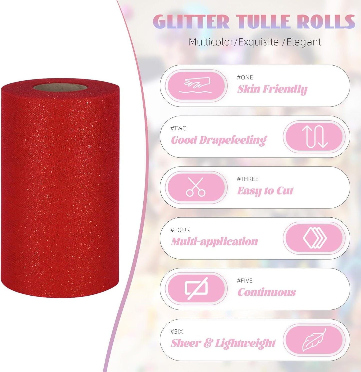 Glitter Tulle Rolls 6” by 50 Yards Sparkle Tulle Fabric Ribbon Sequin Tulle Netting Rolls for DIY Tutu Skirt Wedding Birthday Party Decoration (Red)