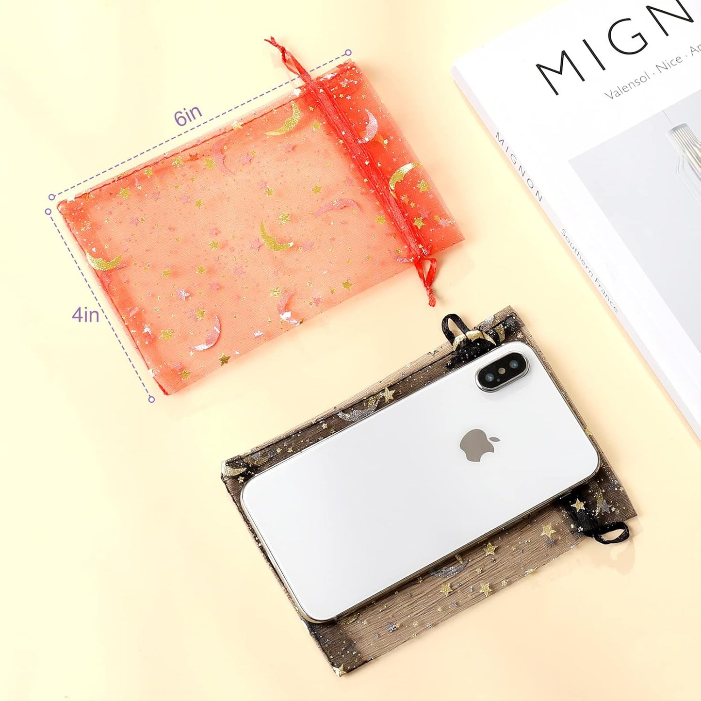 100PCS Moon Star Organza Bags, 4x6" Wedding Favors Bags with Drawstring, Mixed Color Little Mesh Candy Gift Pouches for Party, Jewelry, Christmas, Festival, Eid Mubarak Party Favor Bags