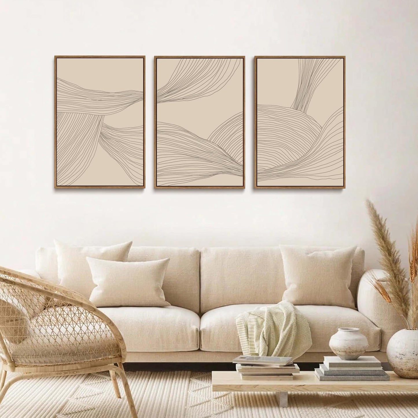 myusuar 3 Piece Large Modern Abstract Canvas Framed Wall Art For Living Room, Beige Minimalist Wall Art Decor Posters Prints For Bedroom Office, 24x36in
