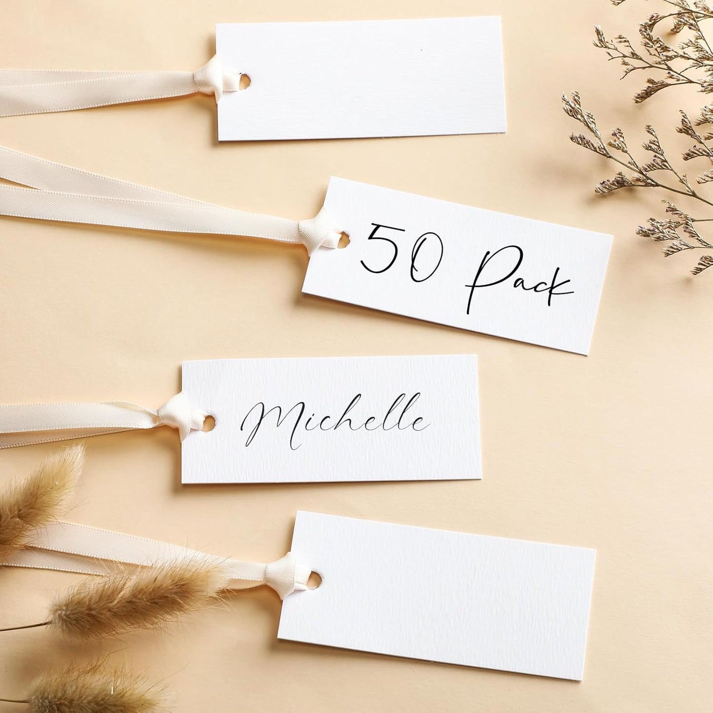 50 Pcs Name Place Cards for Table Setting Blank Wedding Place Cards with Satin Ribbon 1.57 x 3.54 Inch Hanging Gift Tags for Wedding Dinner Banquet Party Table Setting Supplies(Beige)