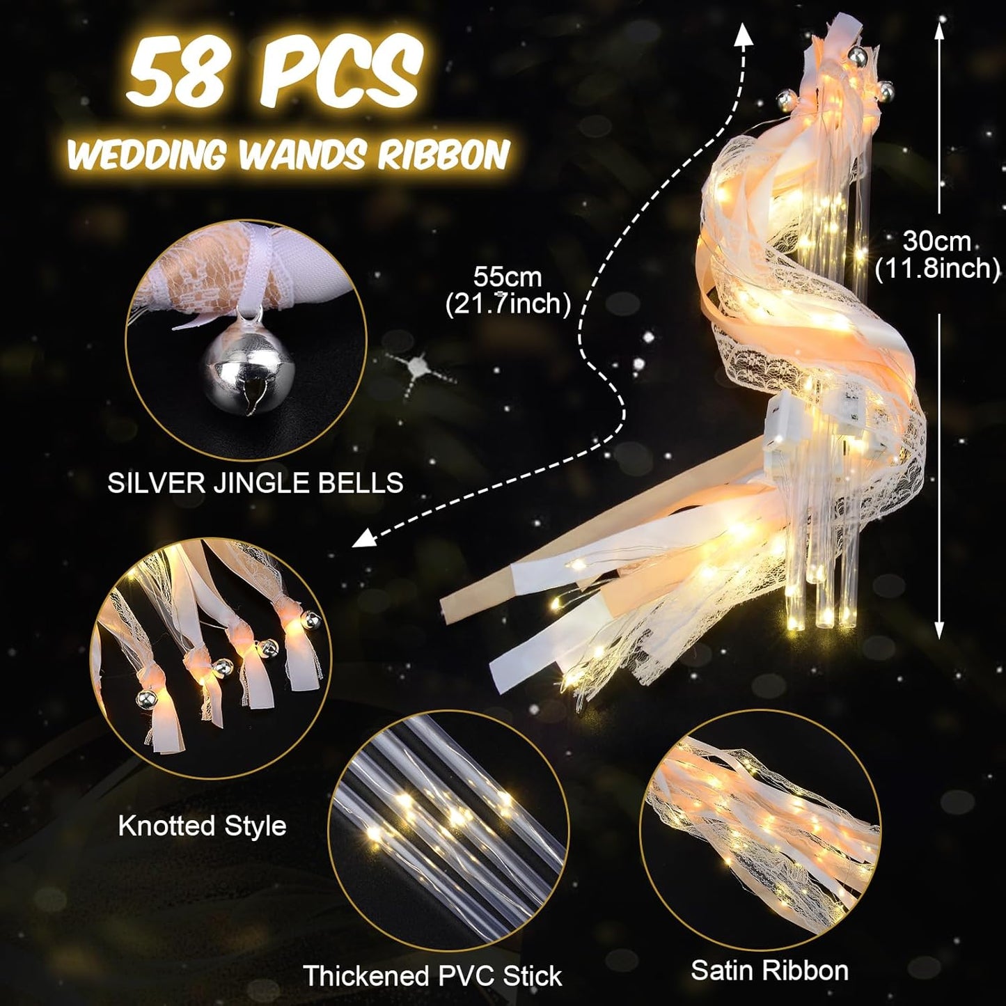 58 PCS Wedding Wands with Lights,Fairy Wands, LED Silk Fairy Wand with Bells for Wedding Send Off, New Year, Raves, Concert, Birthday