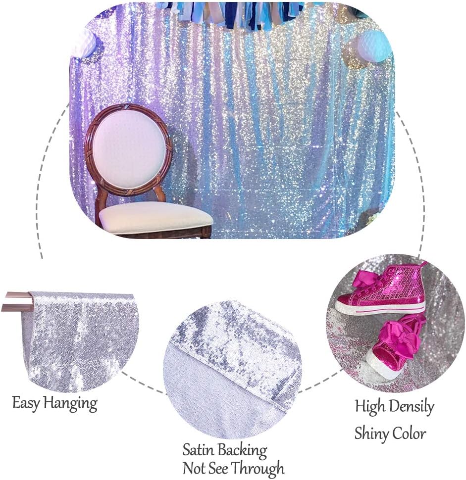 SquarePie Sequin Backdrop Opaque Non-Transparent Background Sparkly Curtain for Wedding Party 8FT x 8FT Silver