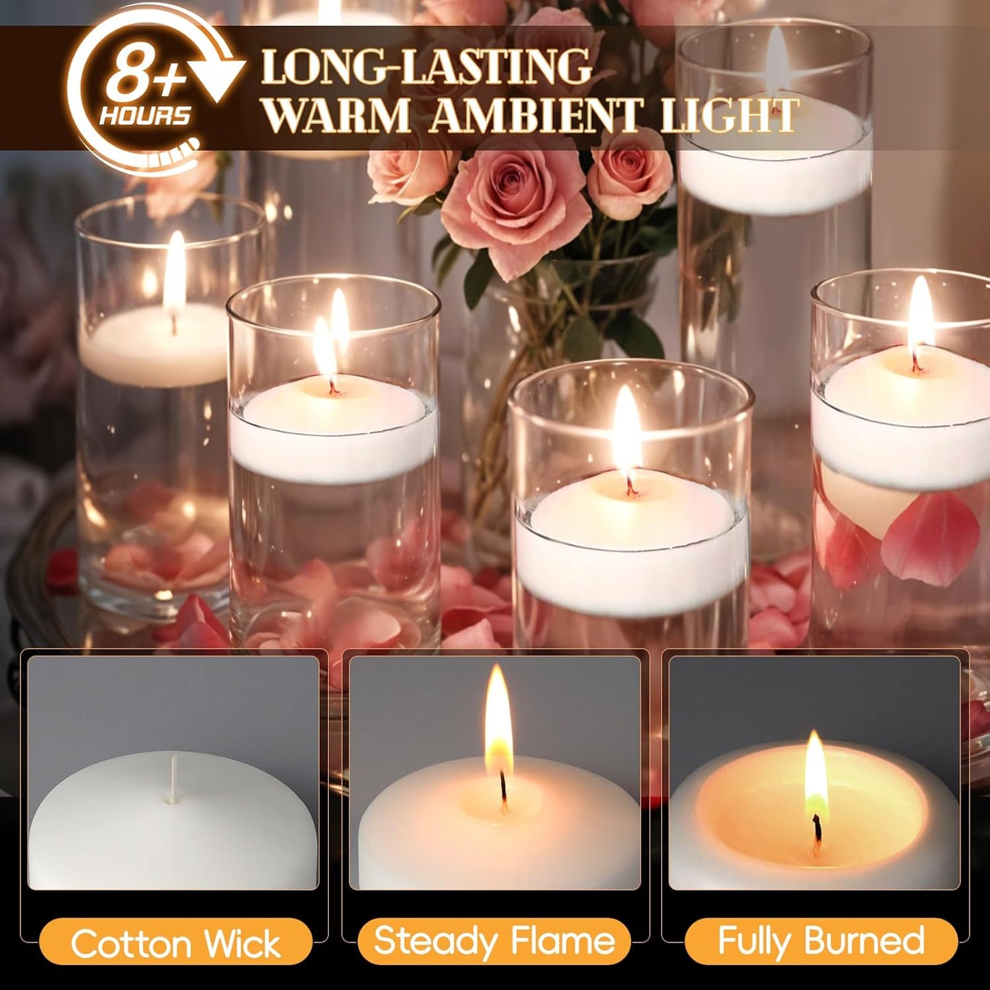 3 inch White Floating Candles, 60 Pack Unscented 3” Floating Candles for Centerpieces,8-9 Hours Water Activated Candle Bulk for Cylinder Vases Wedding Pool