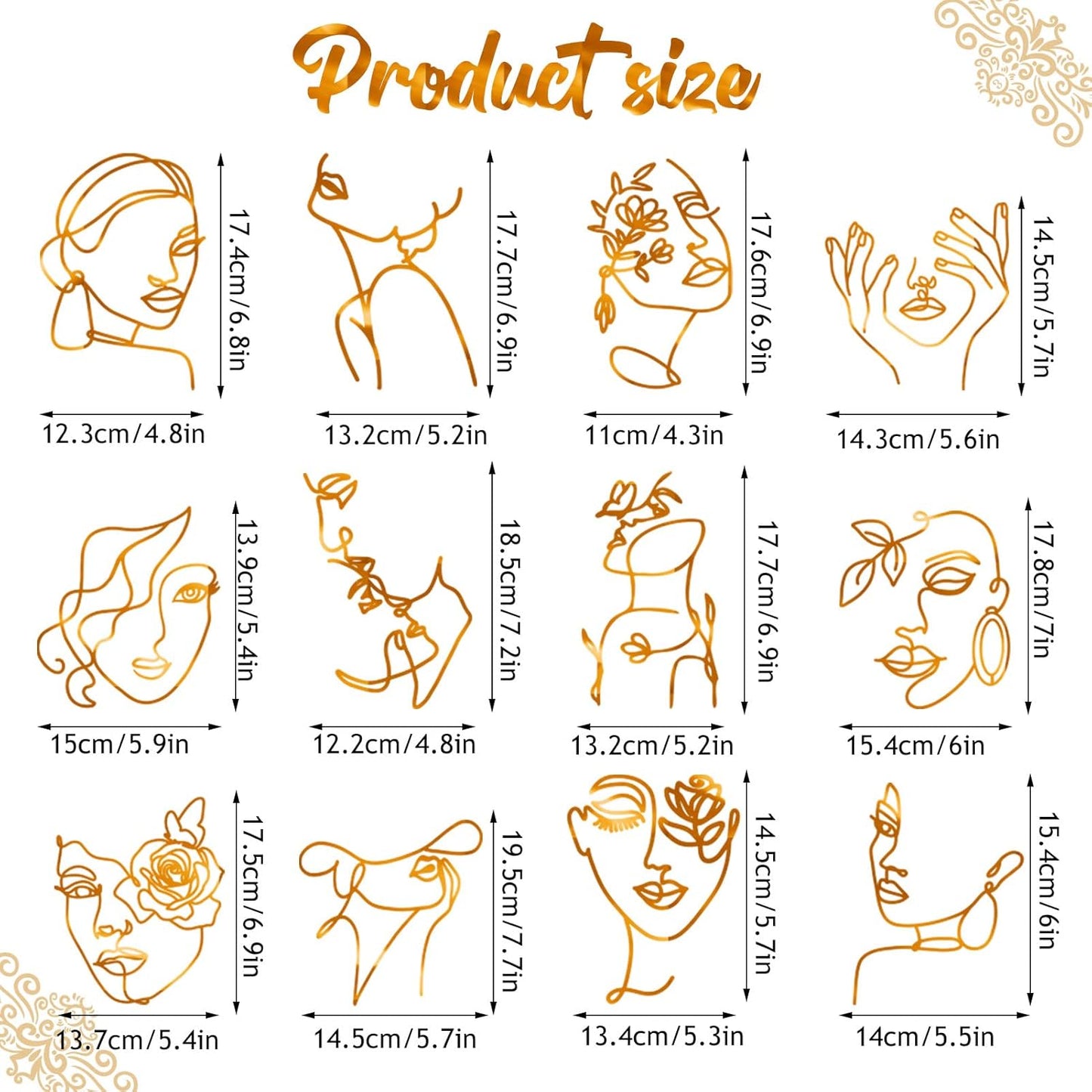 12 Pcs Acrylic Lady Face Cake Topper Minimalist Art Happy Birthday Cake Toppers Women Wedding Cake Decoration for Wedding Birthday Party (Gold)