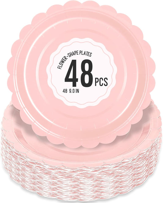 48 Pcs Pink Paper Plates 9 Inch Scalloped Dessert Plates - Disposable Pink Cake Plate - Baby Shower Birthday Party Wedding Bridal Party Supplie