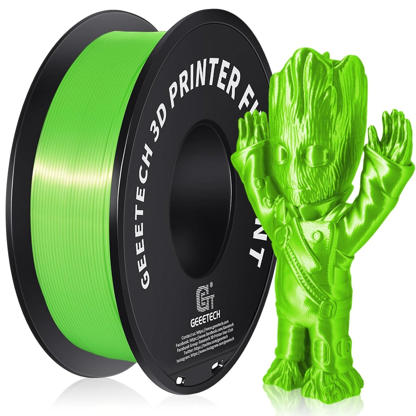 Geeetech Silk PLA Filament 1.75mm 3D Printer Filament Apple Green, Metal-Like Shiny Silk PLA Filament, 1kg (2.2lbs) 1 Spool, Dimensional Accuracy +/- 0.02 mm, Bright Green