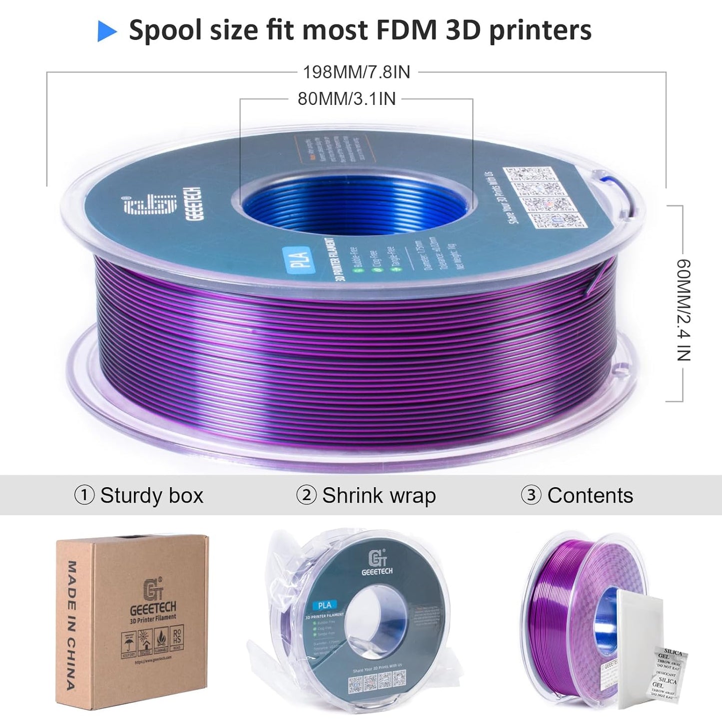 Geeetech Silk PLA Tri Color Filament 1.75mm 3D Printer Filament, Coextrusion Blue Purple Black Tri-Colors Metal-Like Shiny Silk PLA Filament, 1kg (2.2lbs) 1 Spool, Dimensional Accuracy +/- 0.02 mm