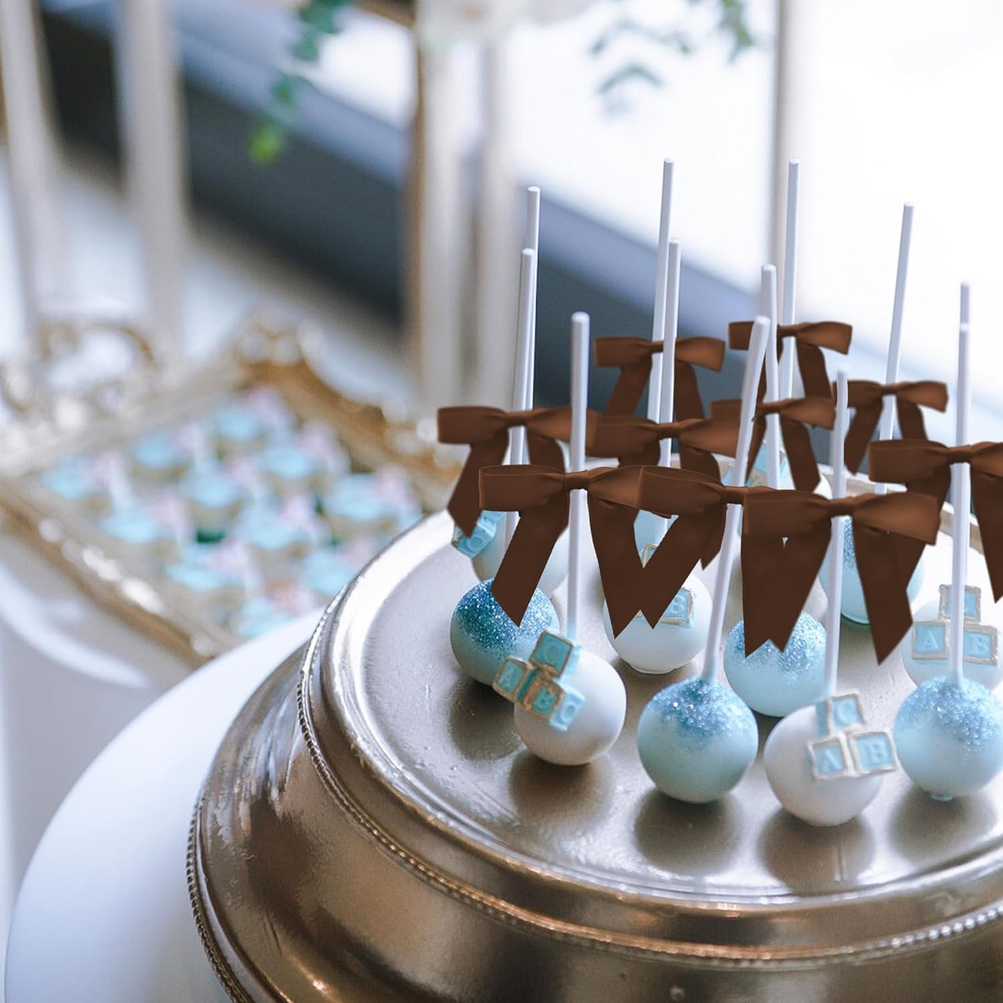 50Pcs Brown Twist Tie Bows for Gift Wrapping 2.5" Satin Ribbon Bow for Treat Bags Balloons Birthday Party Favors Wedding Decorations