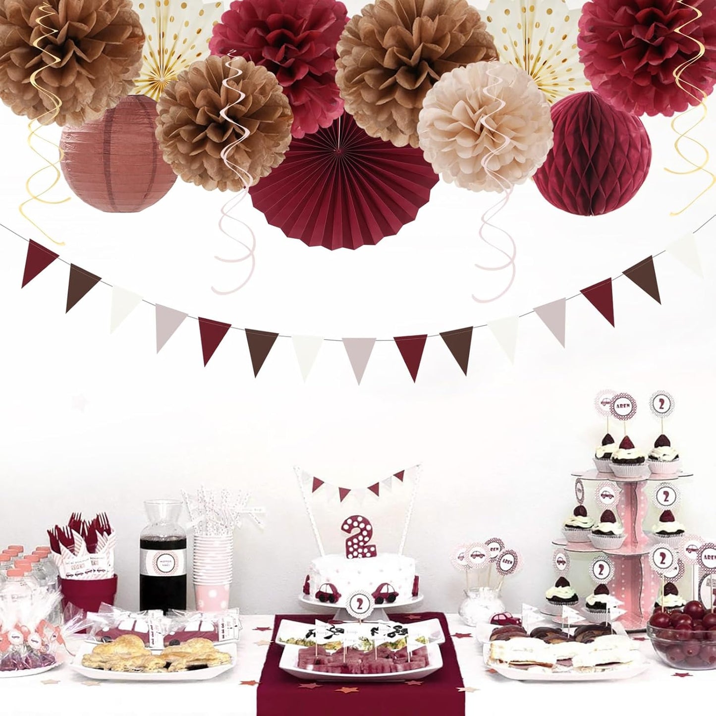 Burgundy Brown Beige Boho Party-Decorations - 20pcs Dusty Pink Fall Birthday Paper Lanterns Fans,Tissue Pom Poms,Honeycomb Balls,Autumn Wedding Bridal Shower Rustic Neutral Baby Decor Burgleda