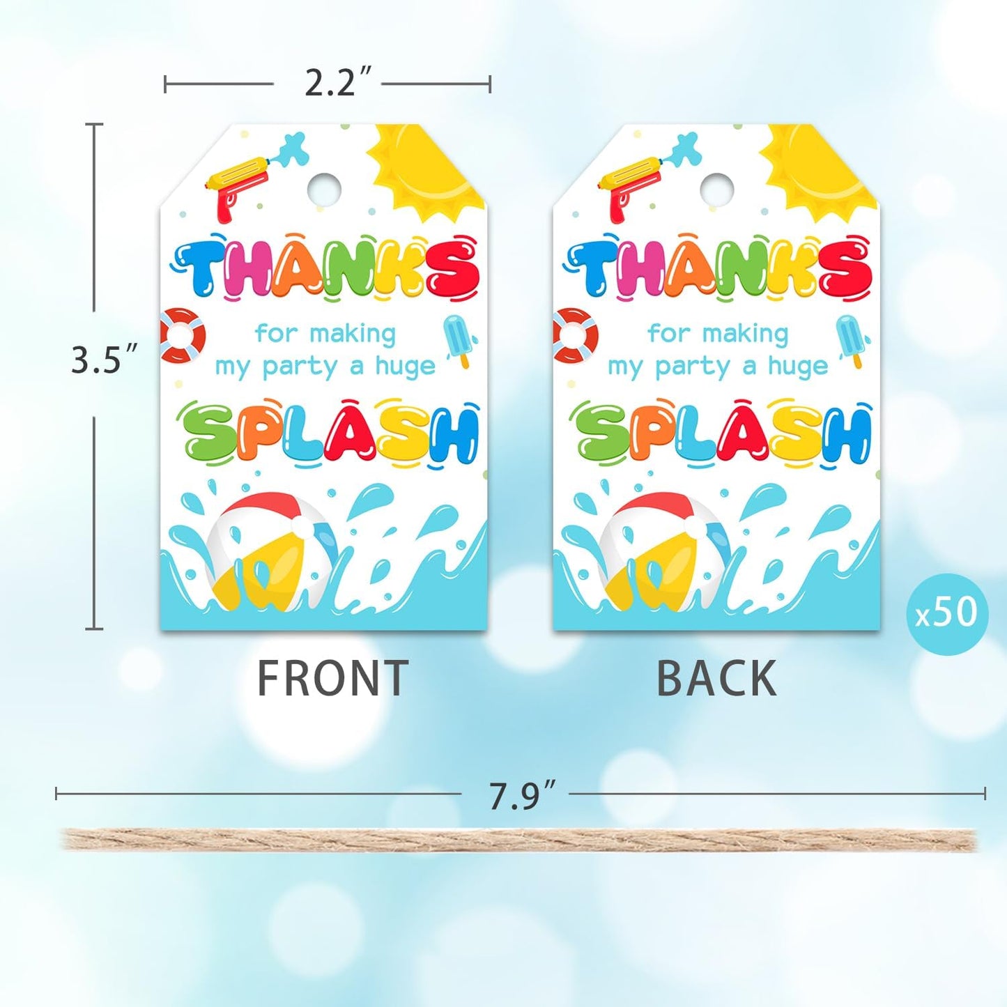 50pcs Pool Party Thank You Tags, Splish Splash Favor Tags for Summer Beach Ball Themed Birthday and Baby Shower Party Gift Wrapping Decoration (Splash)