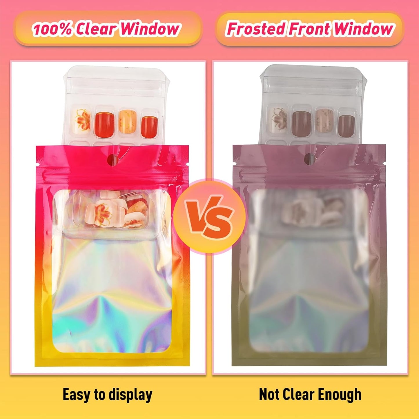 Funfery 100 Pack Gradient Holographic Bags,Mylar Resealable Bags with Zipper,Clear Window Packaging Pouchs,Smell Proof Bag for Food Storage,Sample Jewelry Bag(2.7x3.9In,Hot Pink Orange)