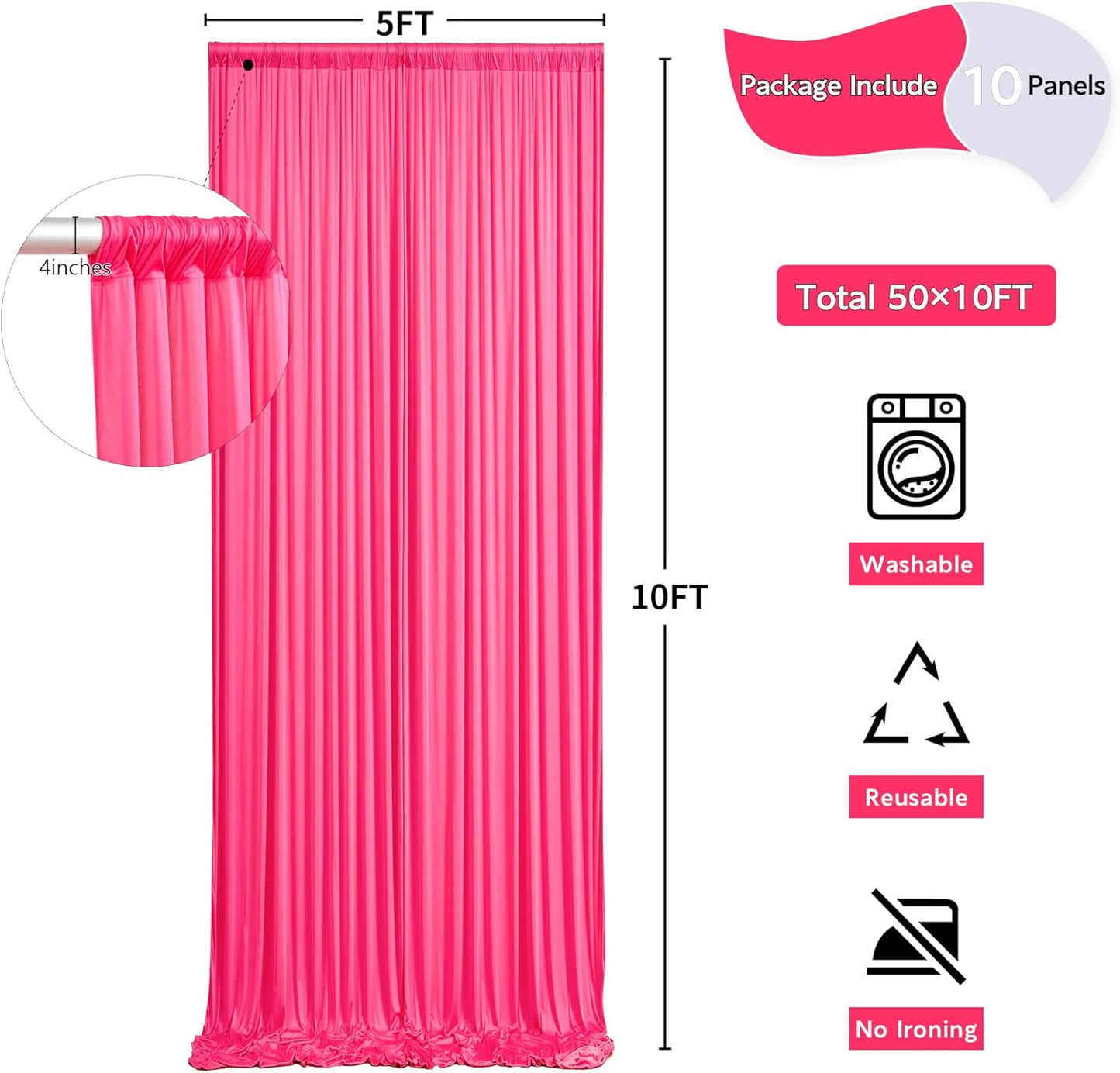 50 ft x 10 ft Wrinkle Free Fuchsia Backdrop Curtain for Parties, 10Panels Polyester Hot Pink Photo Backdrop Drapes for Wedding Birthday Party Baby Shower