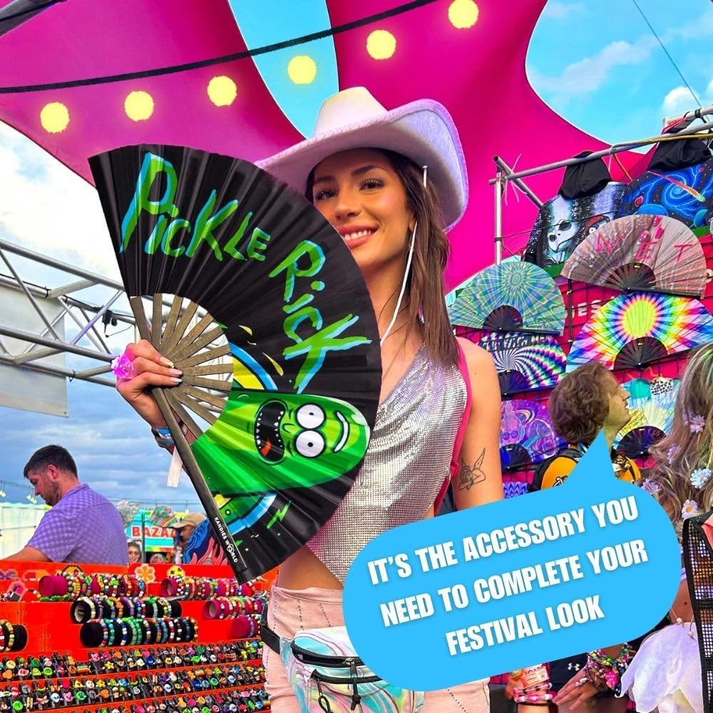 Kandies World UV Reactive Custom Festival Folding Hand Fan - Unique Designs, Made of Bamboo, Clacking Sound, Lightweight - Perfect Rave and Festival Accessory!