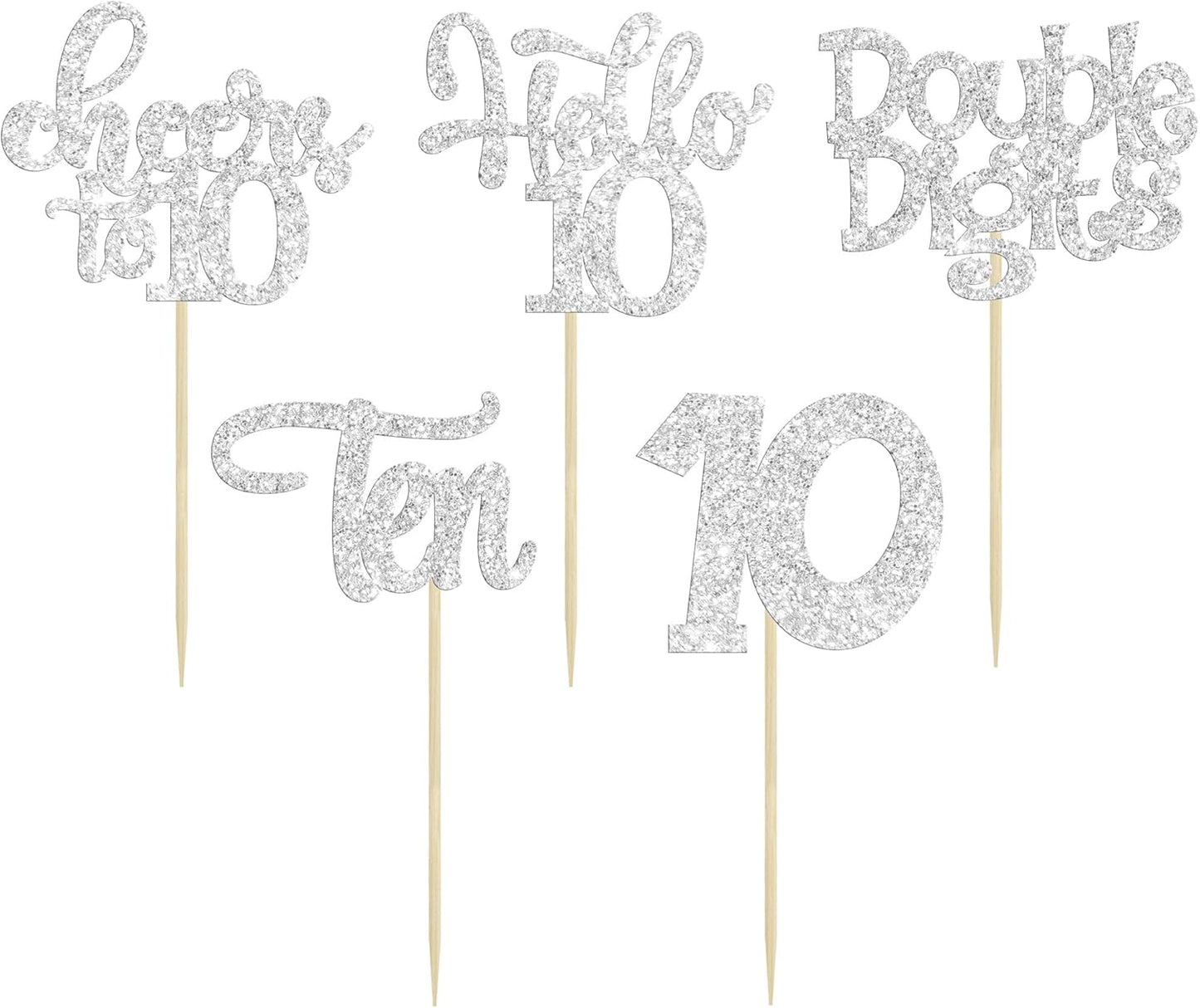 30Pcs 10th Birthday Cupcake Toppers Ten Double Hello 10 Cupcake Picks Cheers to 10 Years Old Cake Decorations for 10th Birthday Party Supplies Silver Glitter