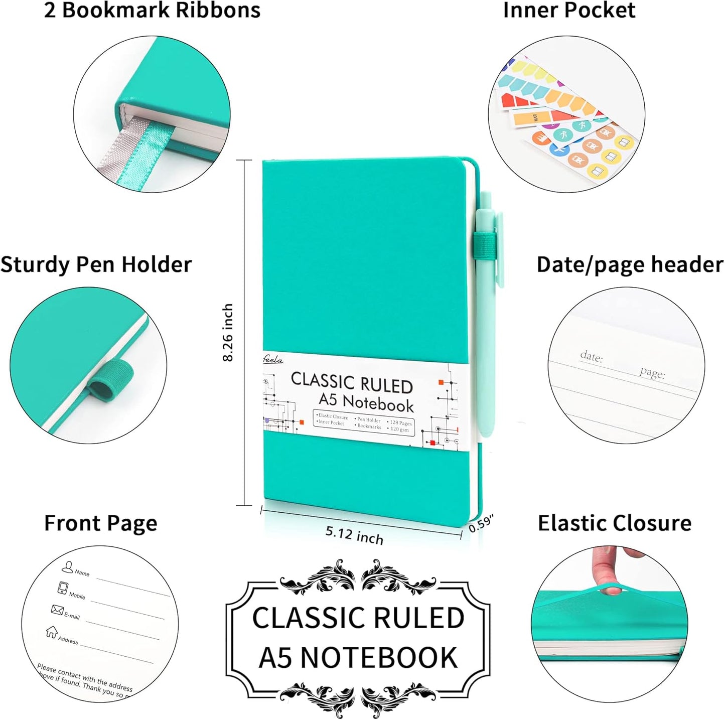 feela 5 Pack Notebooks Journals Bulk, Hardcover Notebook Classic Ruled Lined Journals with Pen Holder for Women Girls School Business Supplies, with 5 Black Pens, 120 GSM, 5.1”x8.3”, A5, Aqua