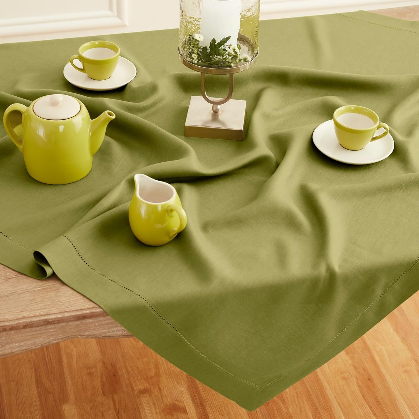 Solino Home Avocado Green Linen Tablecloth 52 x 52 Inch - 100% Pure Linen Square Table Throw - Classic Hemstitch, Machine Washable Table Cloth for Fall, Autumn, Thanksgiving