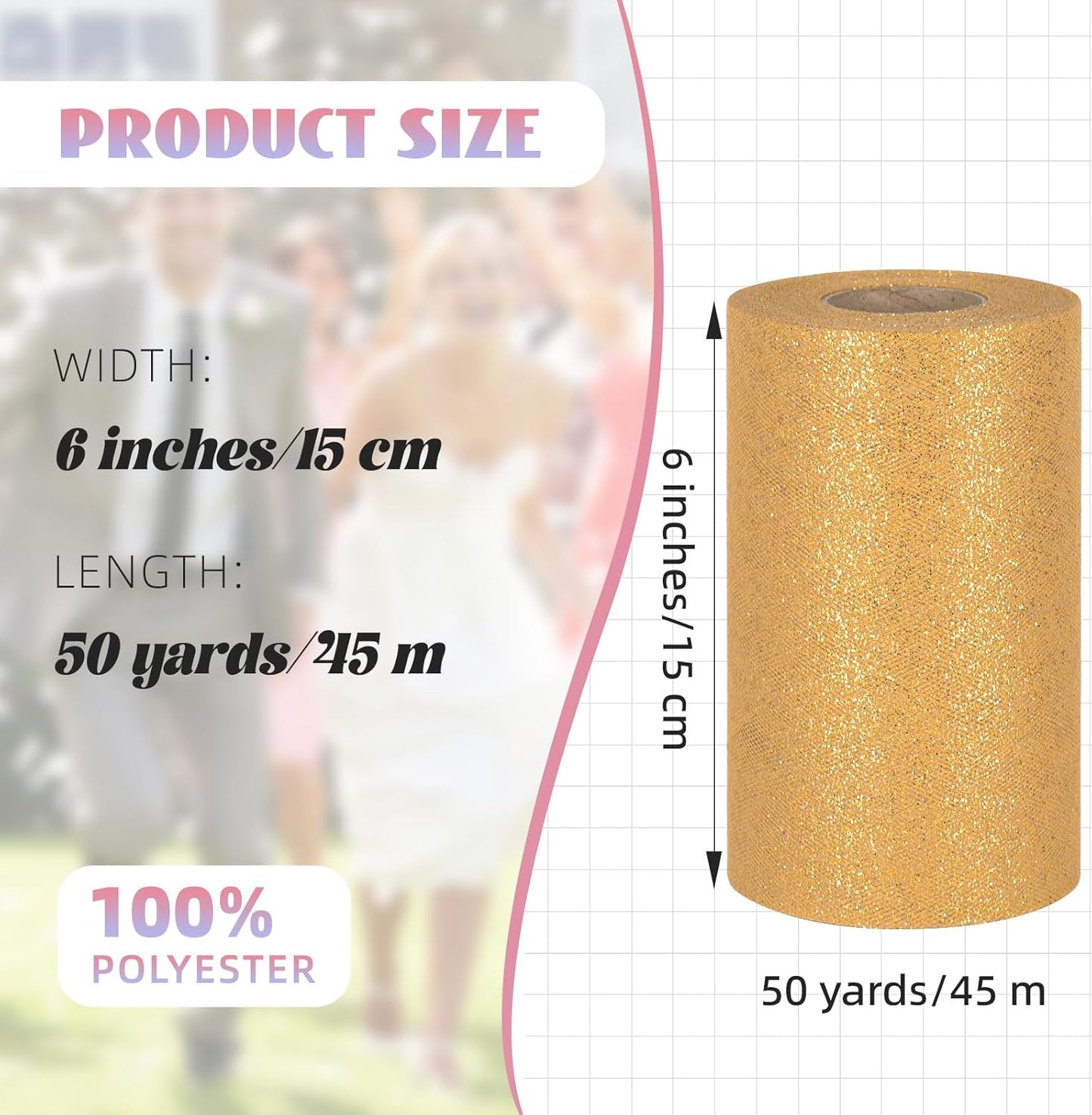 Glitter Tulle Rolls 6” by 50 Yards Sparkle Tulle Fabric Ribbon Sequin Tulle Netting Rolls for DIY Tutu Skirt Wedding Birthday Party Decoration (Gold)