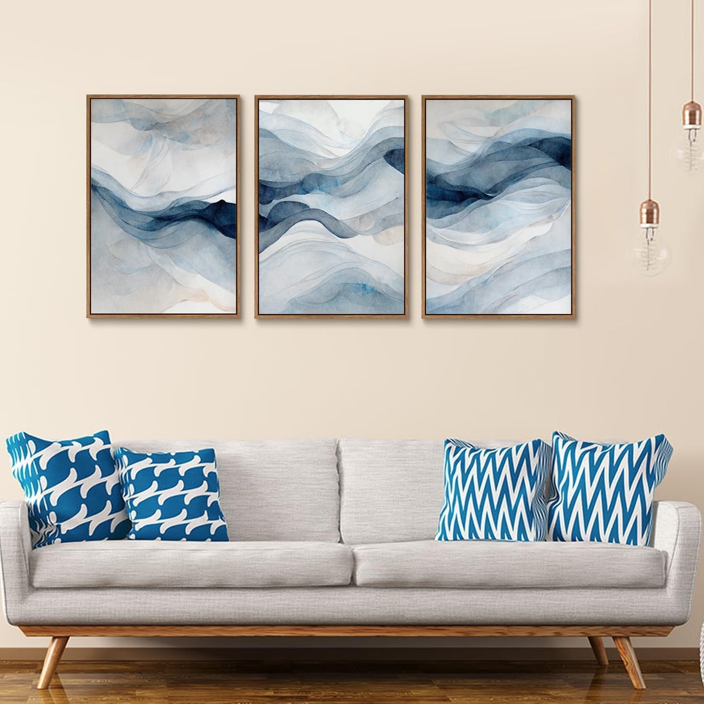 myusuar 3 Piece Large Abstract Framed Wall Art For Living Room, Smoke Texture Ink Navy Blue Canvas Wall Art Modern Minimalist Art Prints Wall Décor For Bedroom Office 24x36in