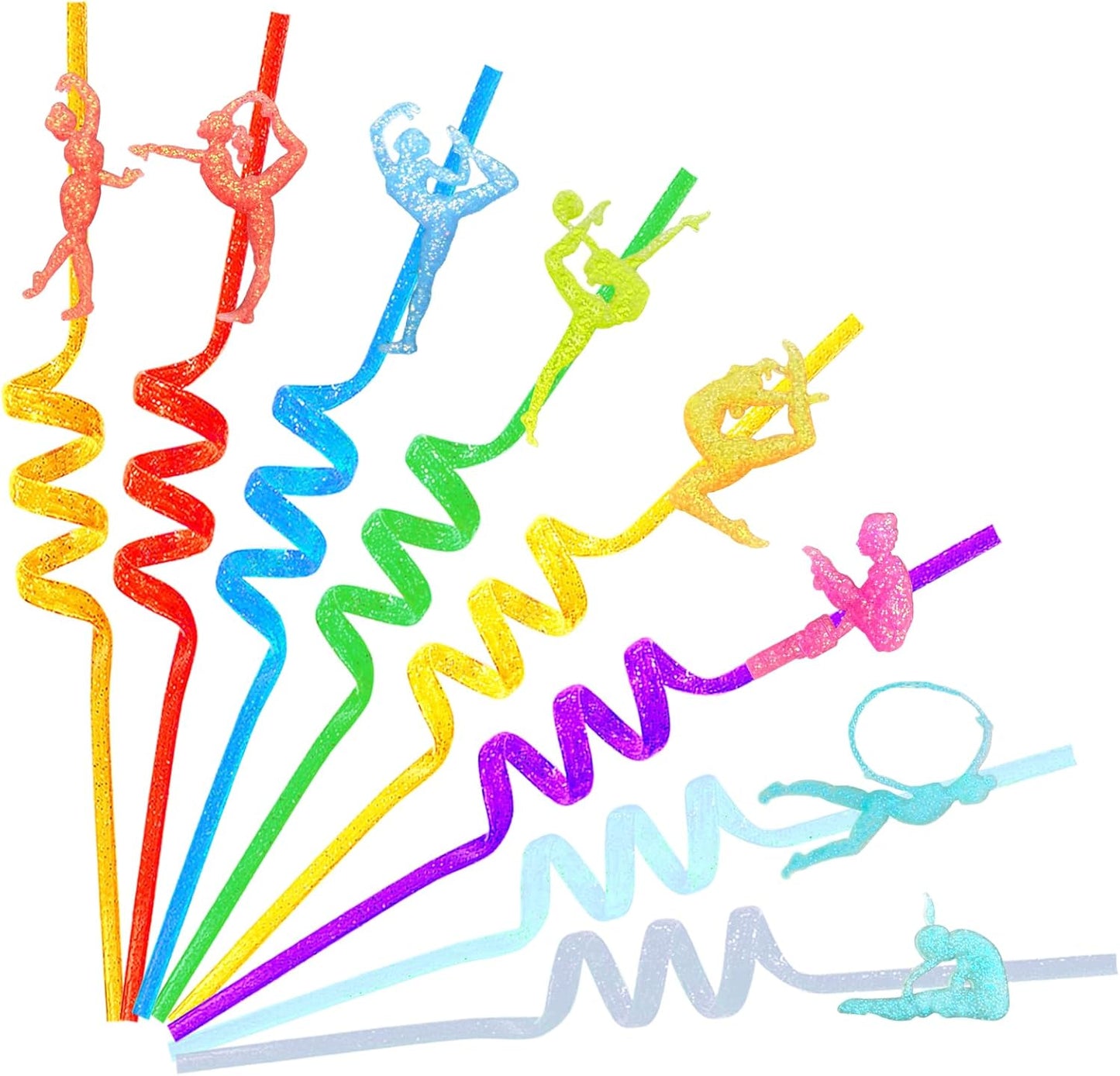 24 Reusable Gymnastics Party Glitter Straws,Cartoon Dance Aerobics Decoration Glitter Straws For Gymnastics Disco Party Favors With 2 Brushes 8Color