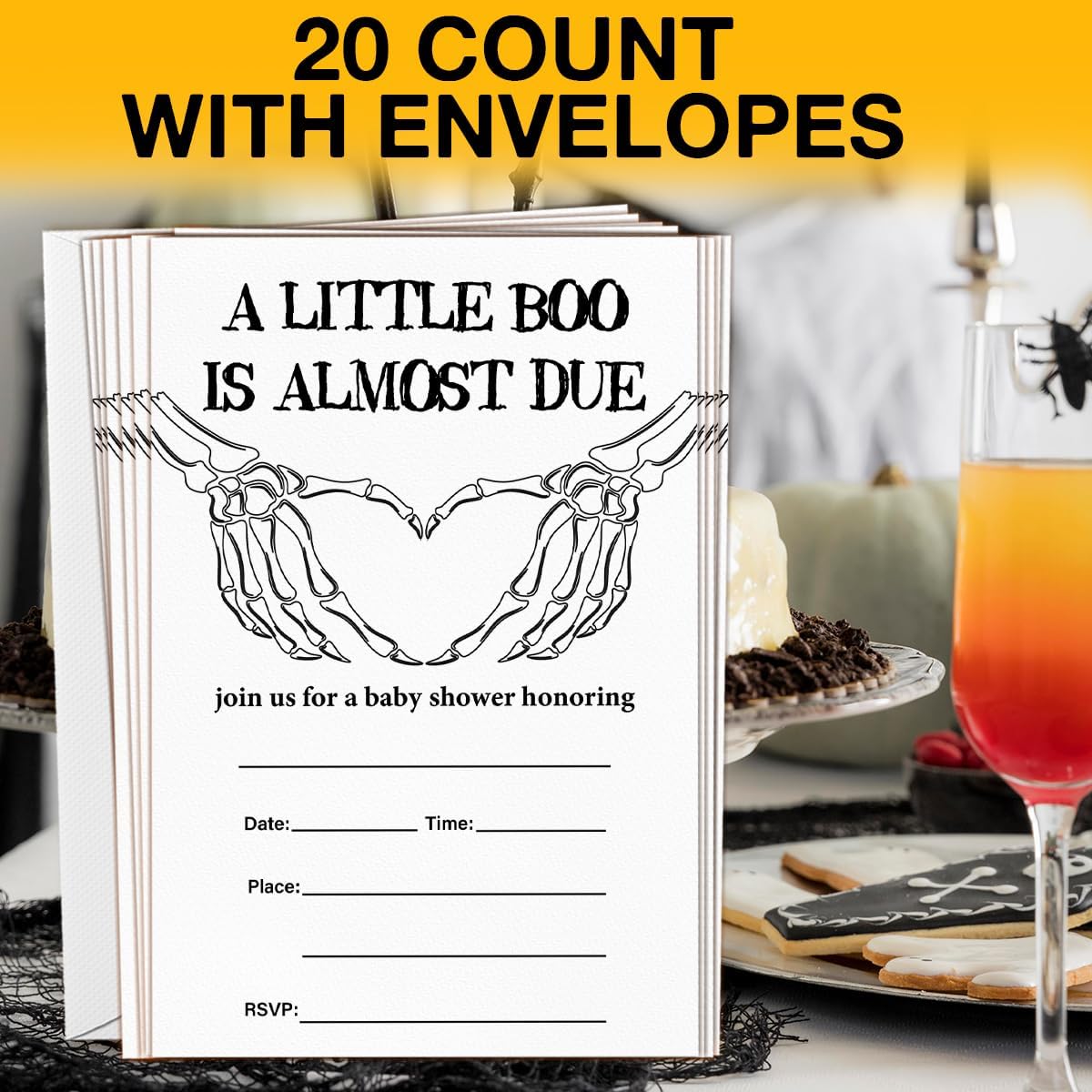 Halloween Baby Shower Party Invitations, Gothic Skeleton Spooky Baby Shower Party Fill in Invites Cards With Envelopes (20 Count) Double Sided Design, a Little Boo Is Almost Due