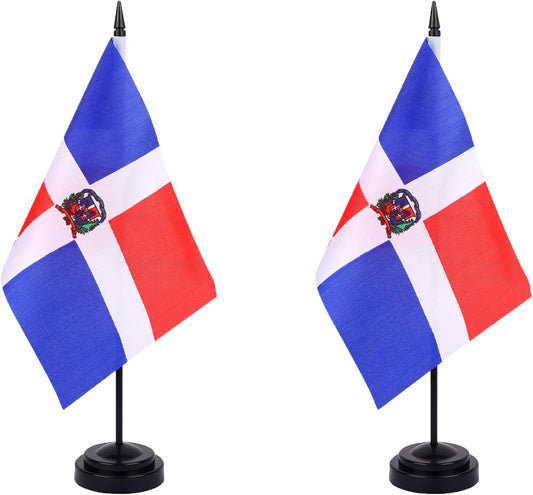Dominican Republic Desk Flag 12" Solid Pole Deluxe Set Dominican Republic Flags Banner Mini Small Dominican Office Table Flags with Black Stand Base Desktop Decorations(2Pack)