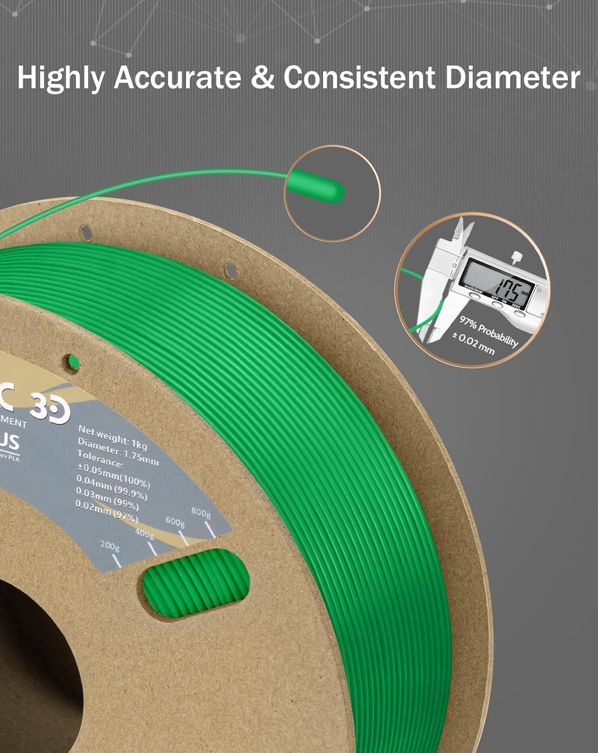DURAMIC 3D PLA+ Filament 1.75mm 1Kg Green, PLA Plus Filament 1Kg Spool(2.2lbs) Tougher and Stronger, Dimensional Accuracy Probability +/- 0.02mm