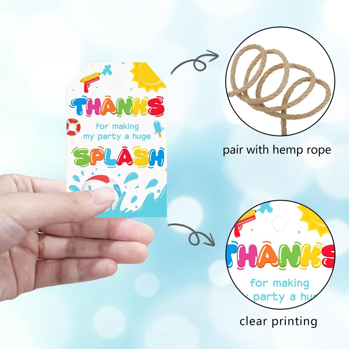 50pcs Pool Party Thank You Tags, Splish Splash Favor Tags for Summer Beach Ball Themed Birthday and Baby Shower Party Gift Wrapping Decoration (Splash)