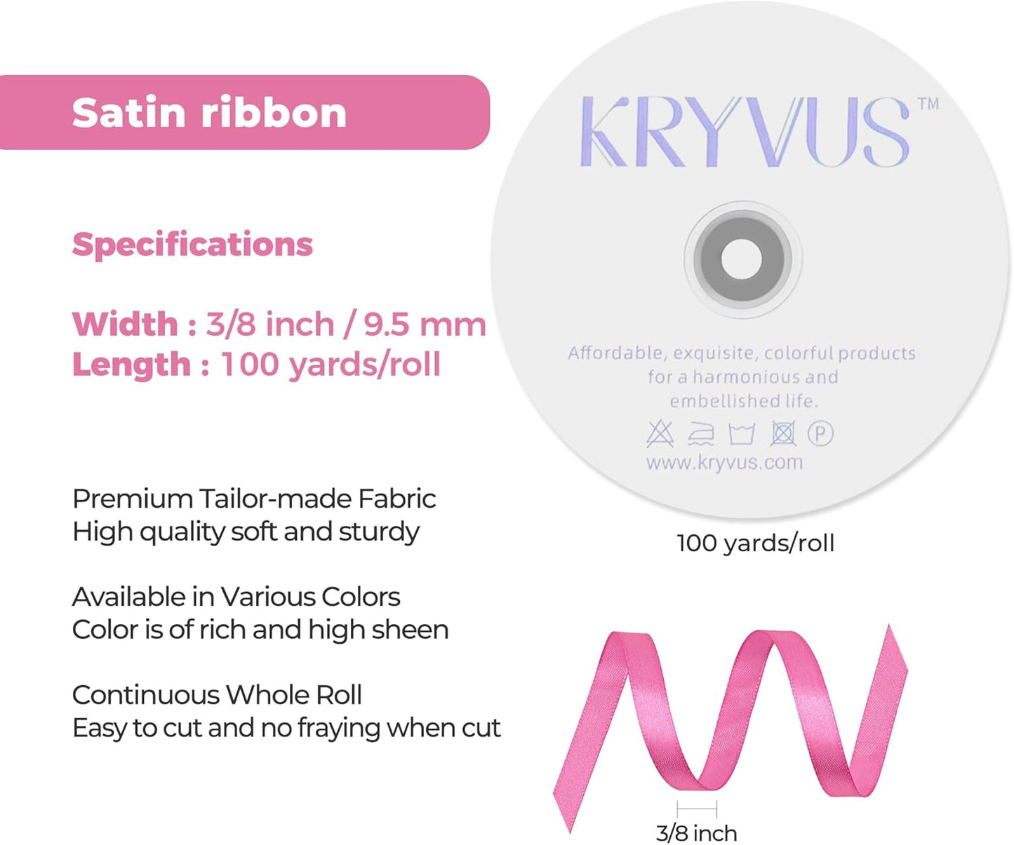 Hot Pink Satin Ribbon 3/8 inch X Continuous 100 Yards, Single Face Polyester Ribbon Perfect for Gift Wrapping, Flower Bouquet, Wedding Decor, Crafts, Bow Making, Sewing and More