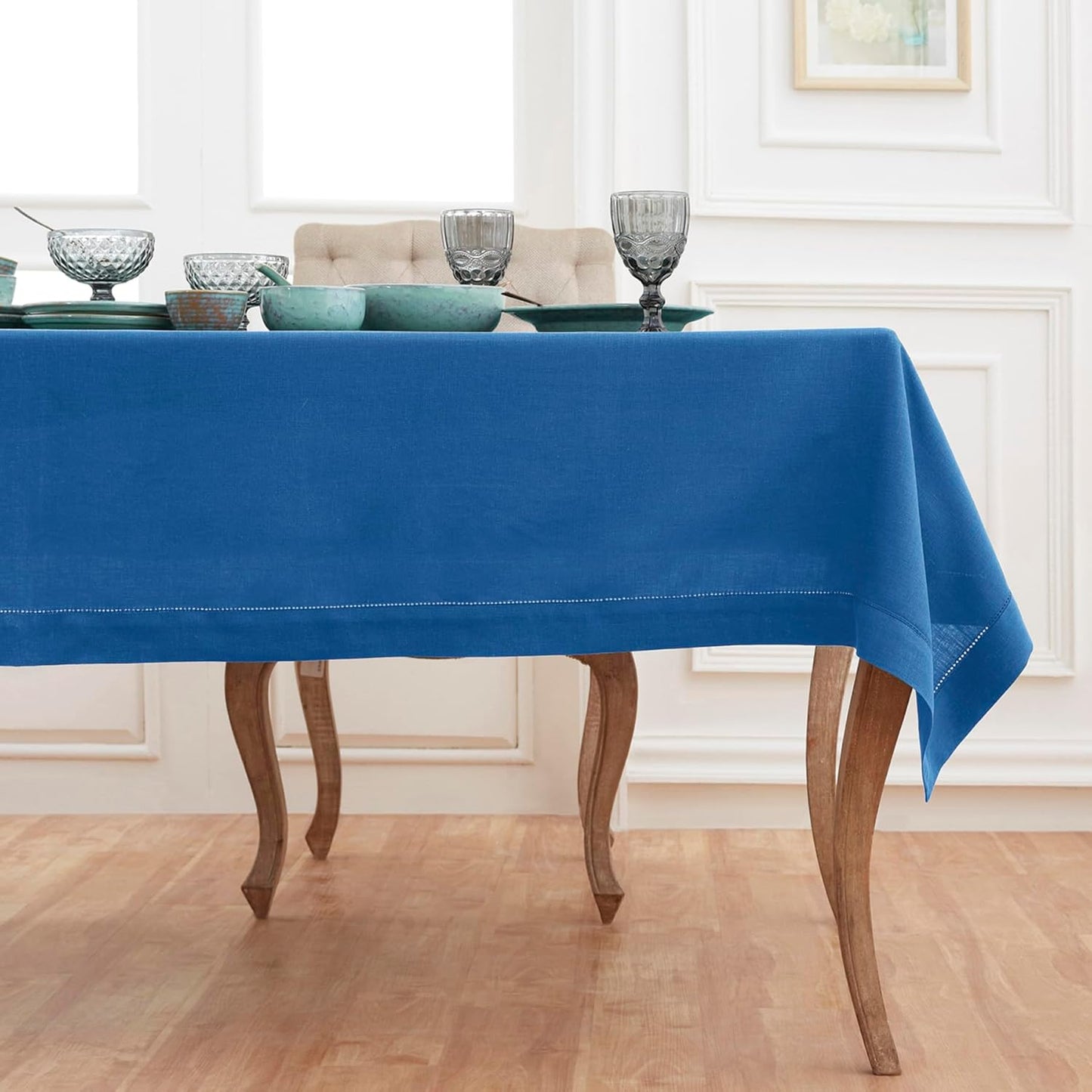 Solino Home Linen Tablecloth 60 x 120 Inch - Classic Hemstitch 100% Pure Linen Indigo Blue Table Cloth for Rectangle Tables - Machine Washable Tablecloth for Fall, Autumn