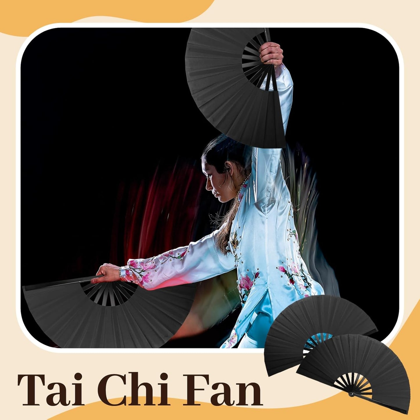 4PCS Large Chinese Folding Fans with 4 Fan Sleeves, Chinese Kung Fu Tai Chi Fans, Clacking Fans for Line Dancing, Popping Fans for Line Dancing for Adult(Black)