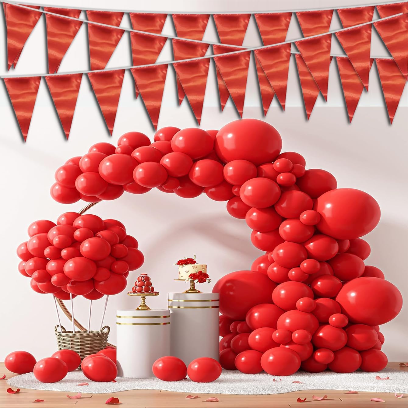 20M/65FT Red Triangle Pennant Banner Flag Metallic Fabric Bunting Garland for Christmas Graduation Wedding Engagement Anniversary Bachelorette Birthday Bridal Shower Valentines Hen Party Supplies