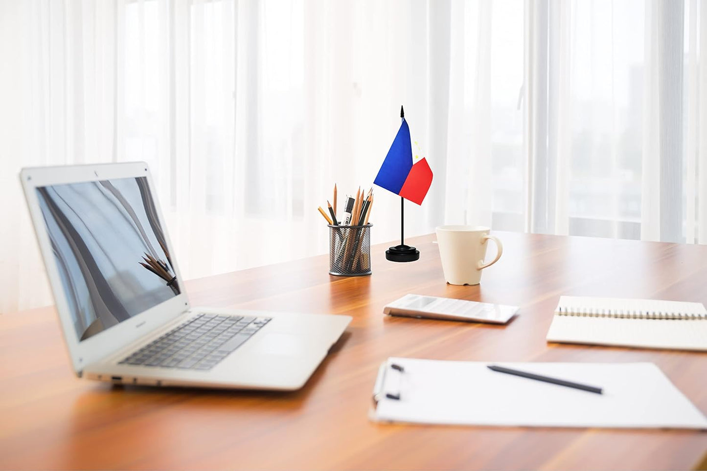 Philippines Filipino Deluxe Desk Flag Set Small Mini Miniature Philippines Filipino Table Desktop Flags With Solid Pole, Black Base and Spear Top(2 Pack)