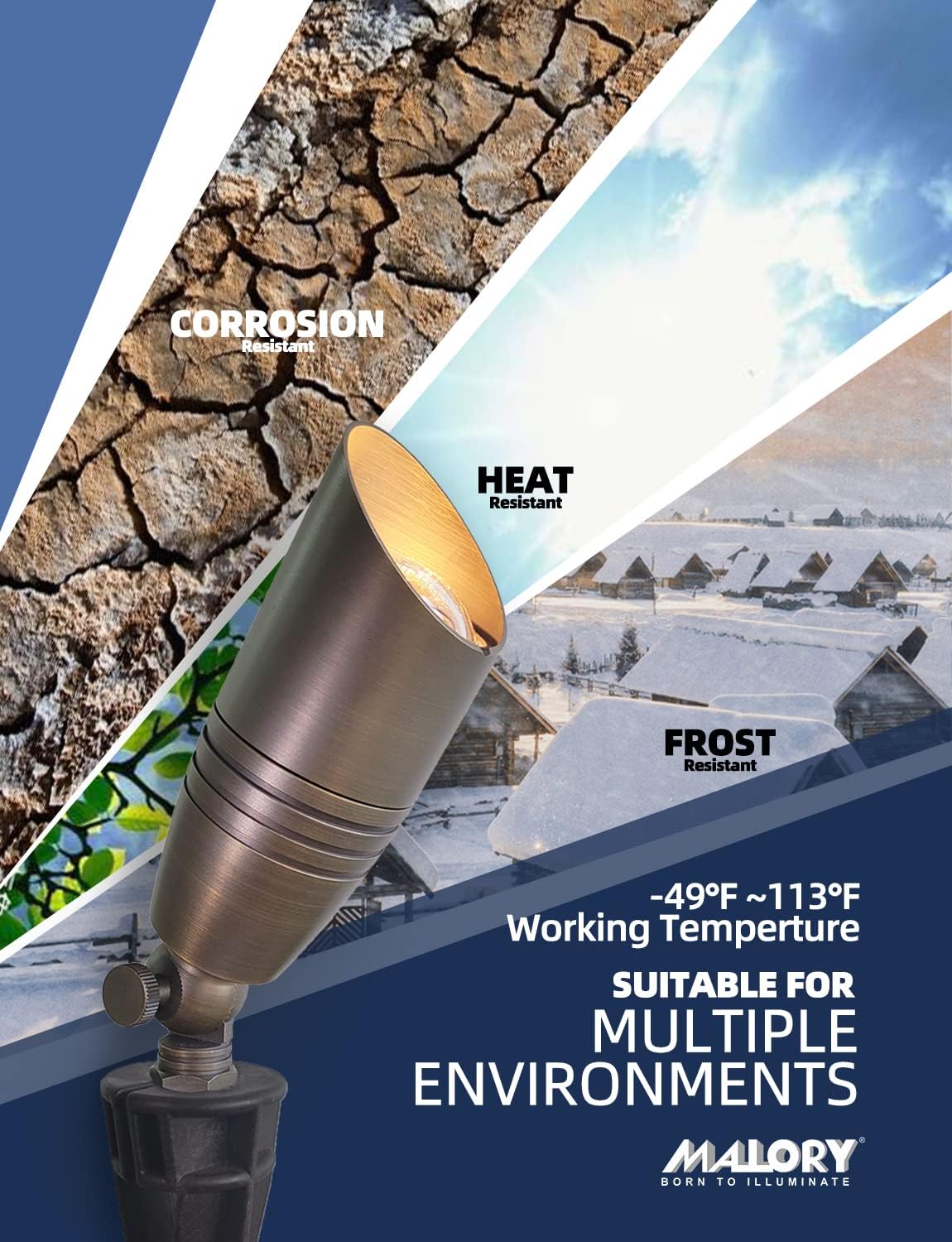 MALORY Brass Landscape Spotlights 6-Pack with Bulb Kit(S02), Low Voltage 12V AC/DC LED Outdoor Spot Uplights for House and Tree,PVC Ground Stake and Wire Connector Included, 5W 2700K Warm White