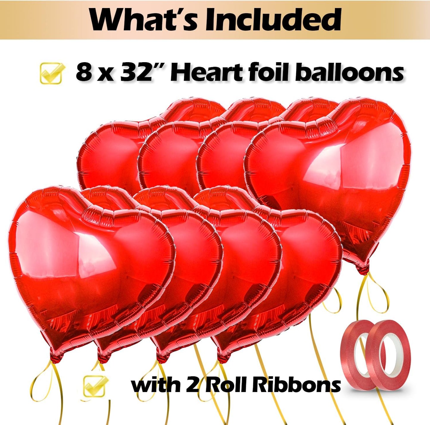 Big Red Heart Foil Balloons, Big Giant Jumbo Heart Shaped Mylar Aluminium Decoration for Girl Valentine's Day Surprise Birthday Wedding (Red, 32" Pack of 8)