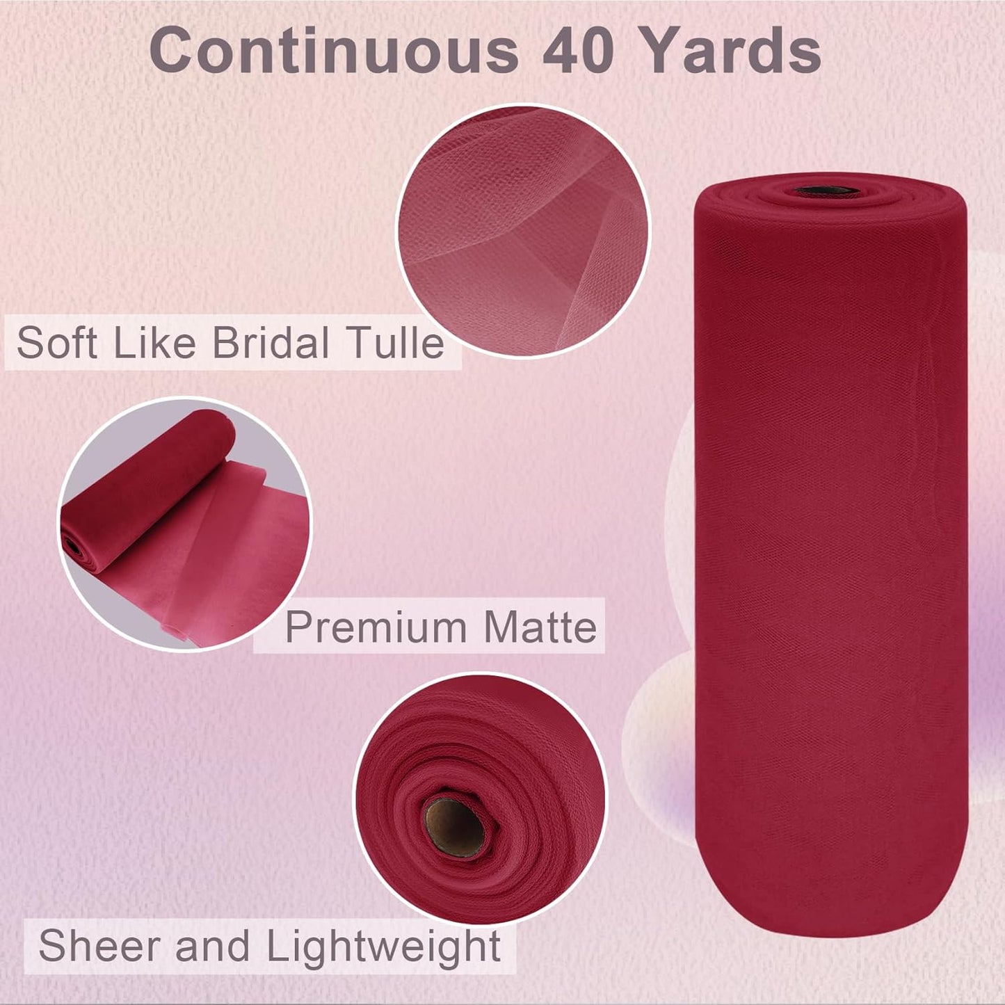 Deep Red Tulle Fabric Roll Spool Bolt (54 Inch by 40 Yards) Large Tulle Wedding Party Decoration, Tutu Skirt, Table Runner, Gift Wrapping, Bridal Shower, Soft & Drape (Burgundy)