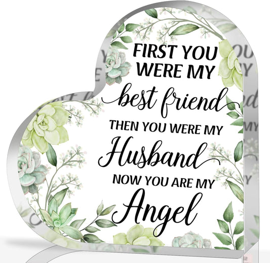 QUPT In Memory of Husband Acrylic Heart Plaque, Bereavement Condolences Grief Plaque, Funeral Remembrance Decor Ornament Sign