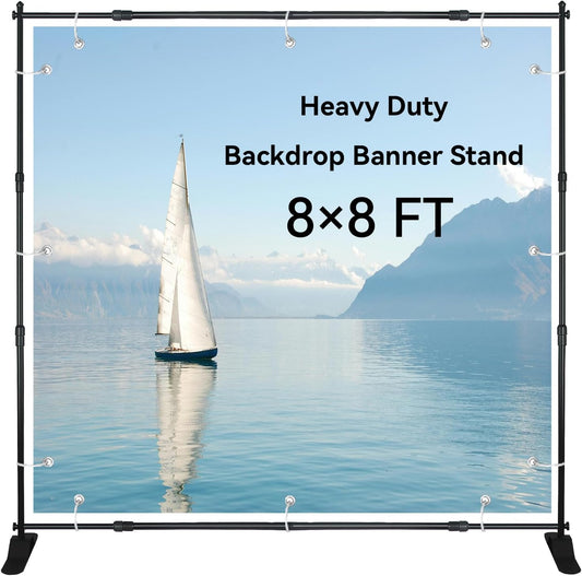 8x8 FT(WxH) Heavy Duty Backdrop Banner Stand with Adjustable Telescopic Tube,Step and Repeat Stand for Parties, Photo Booths, Exhibit Events and More Easy to Install(Carrying Bag Included)