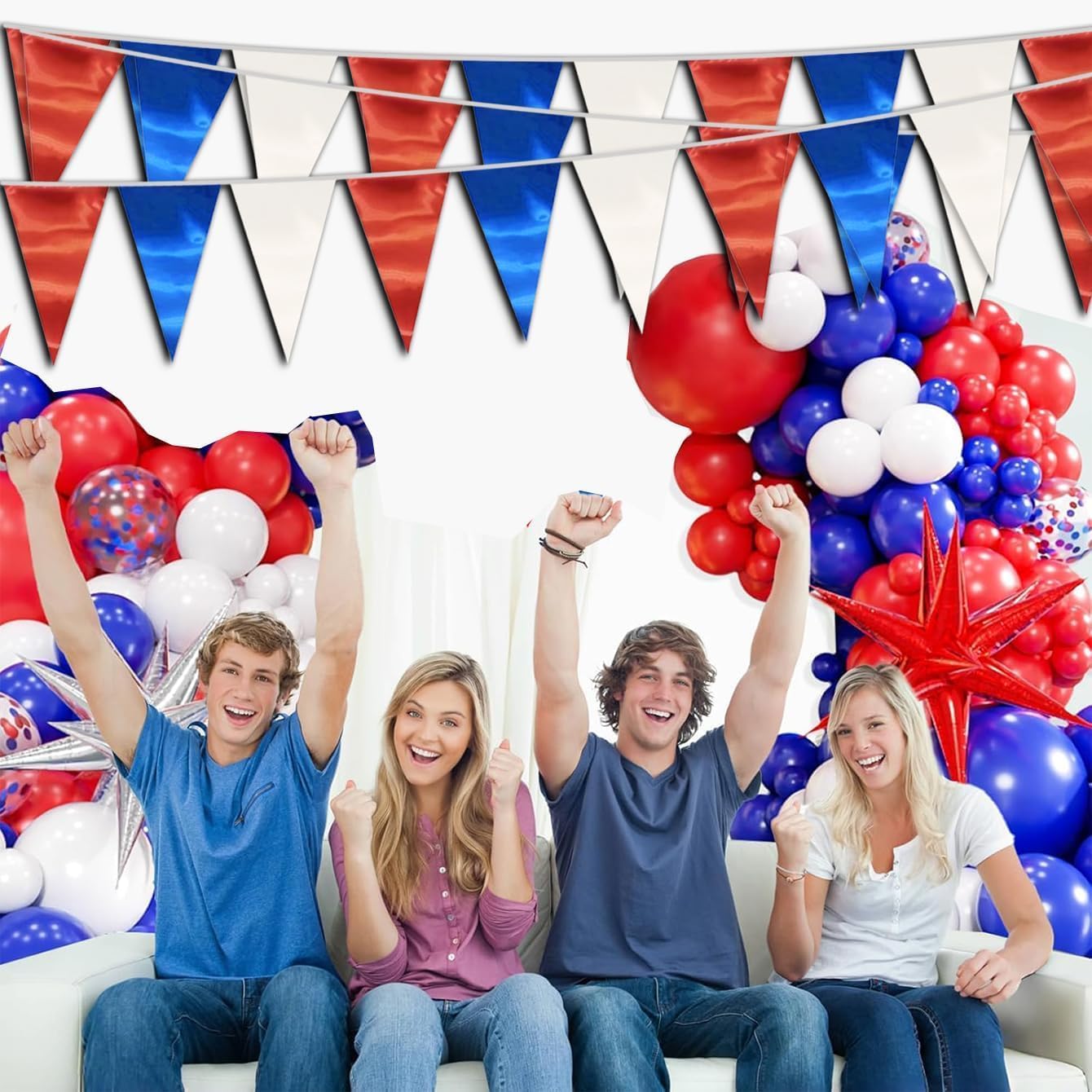 20M/65FT White Blue Red Triangle Pennant Banner Flag Metallic Fabric Bunting Garland for Christmas Graduation, Independence Day, 4th of july, Patriotic Themed Party Decoration