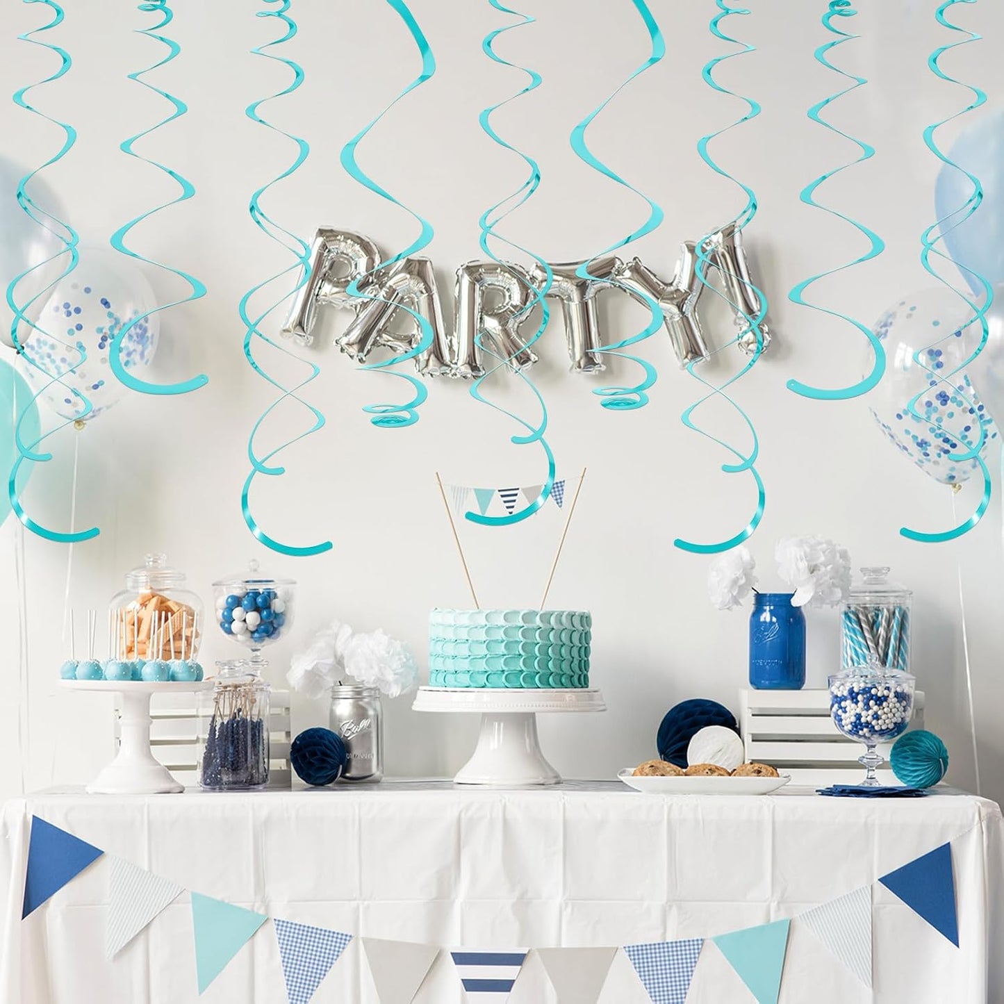 24 PCS Teal Hanging Swirl, Sparkle Ceiling Hanging Decorations, Plastic Streamer Party Decorations with Double-Swirls and Single-Swirls for Birthday Decorations, Graduation, Baby Shower