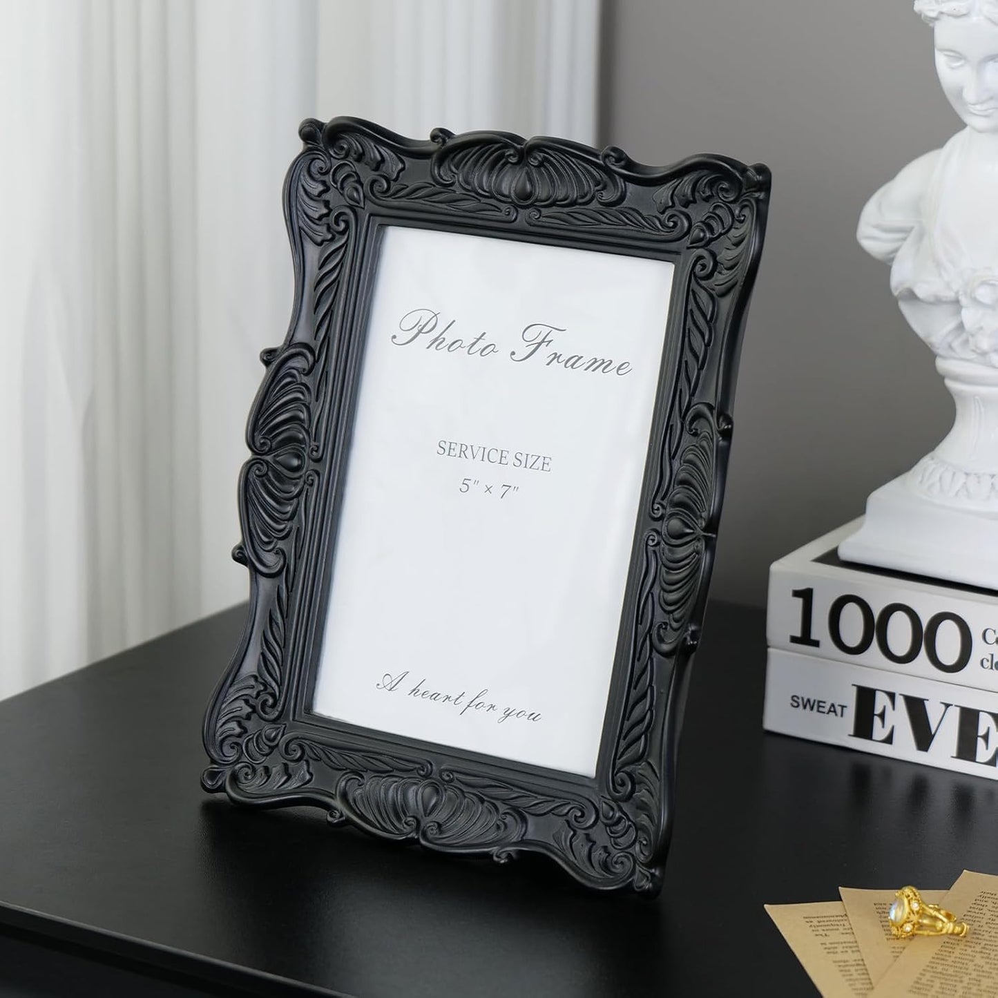 Cuspin 5x7 Black Picture Frame, Vintage Ornate Decorative Hand-Carved Resin Photo Frame with Detailed Design for Tabletop Display or Wall Hanging, Black Home Decor