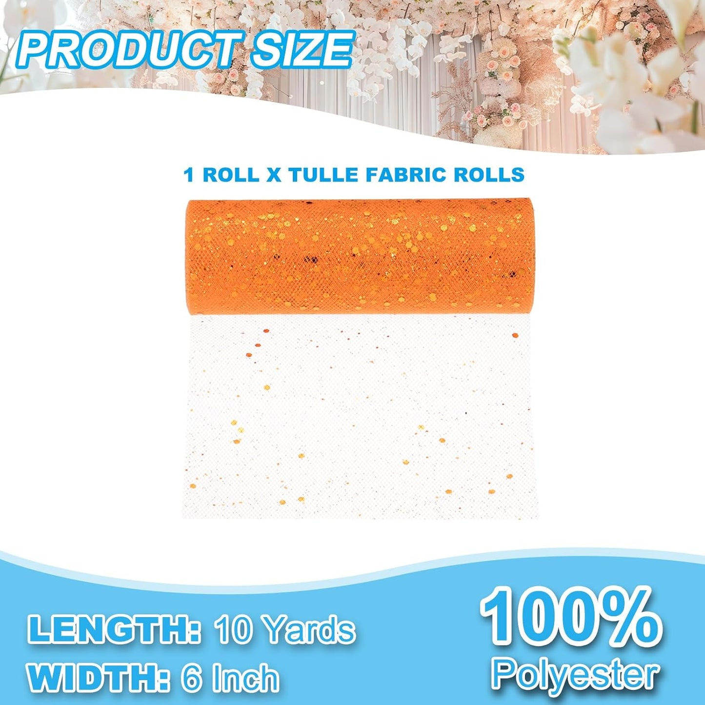 PATIKIL Tulle Fabric Rolls, 6 Inch by 10 Yards Fabric Spool Tulle Sparkling Ribbon Netting Sequin for DIY Tutu Skirts Crafts Wedding Party Decorations, Orange