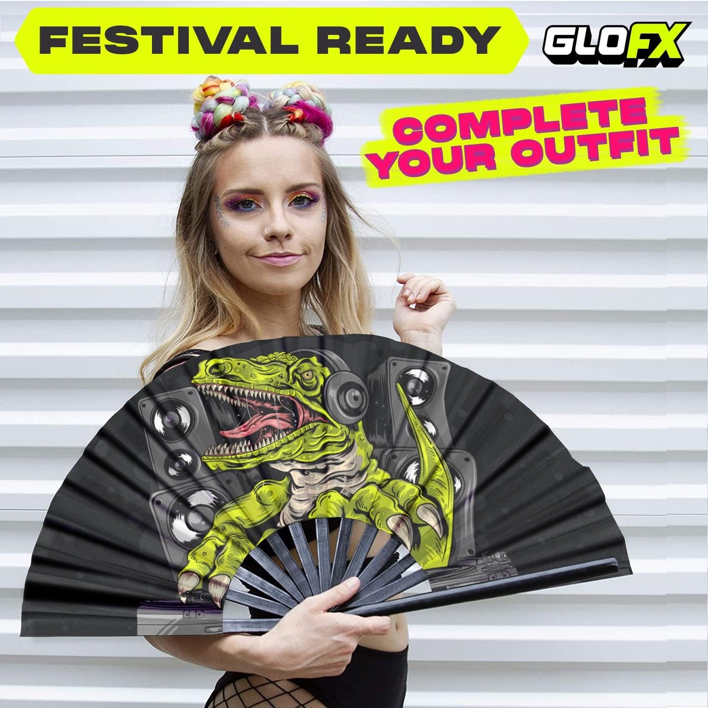 GloFX Folding Fan - DJ Dino - Large Rave Clack Folding Hand Fan for Men/Women - for EDM, Music Festival, Club, Event, Party, Dance, Performance, Decoration, Gift