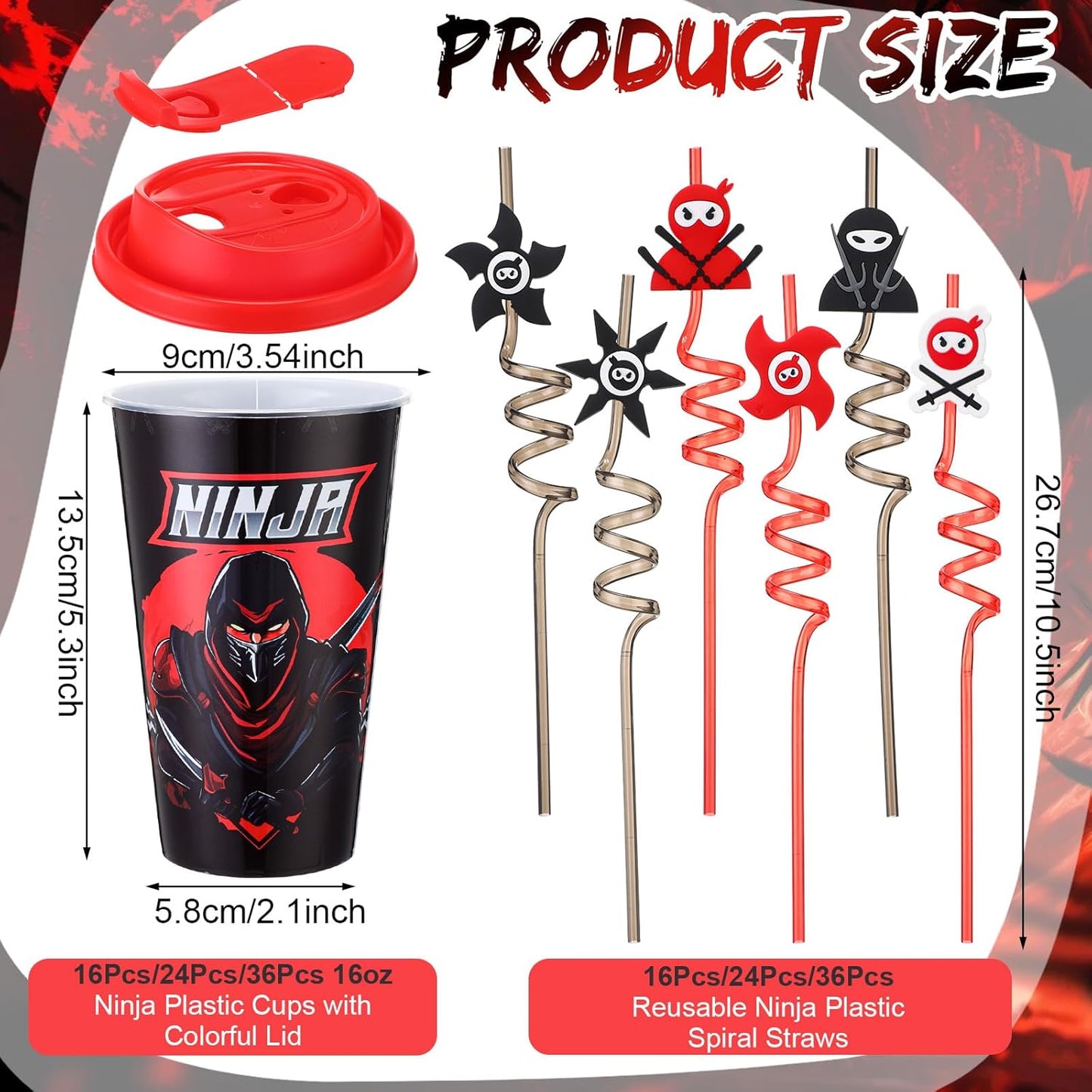 Yungyan 36 Sets Ninja Party Favors Goodie Cups with Lids and Straws for Birthday Decorations Reusable 16oz Plastic Candy Cups Plastic Straws for Birthday Party (Ninja)