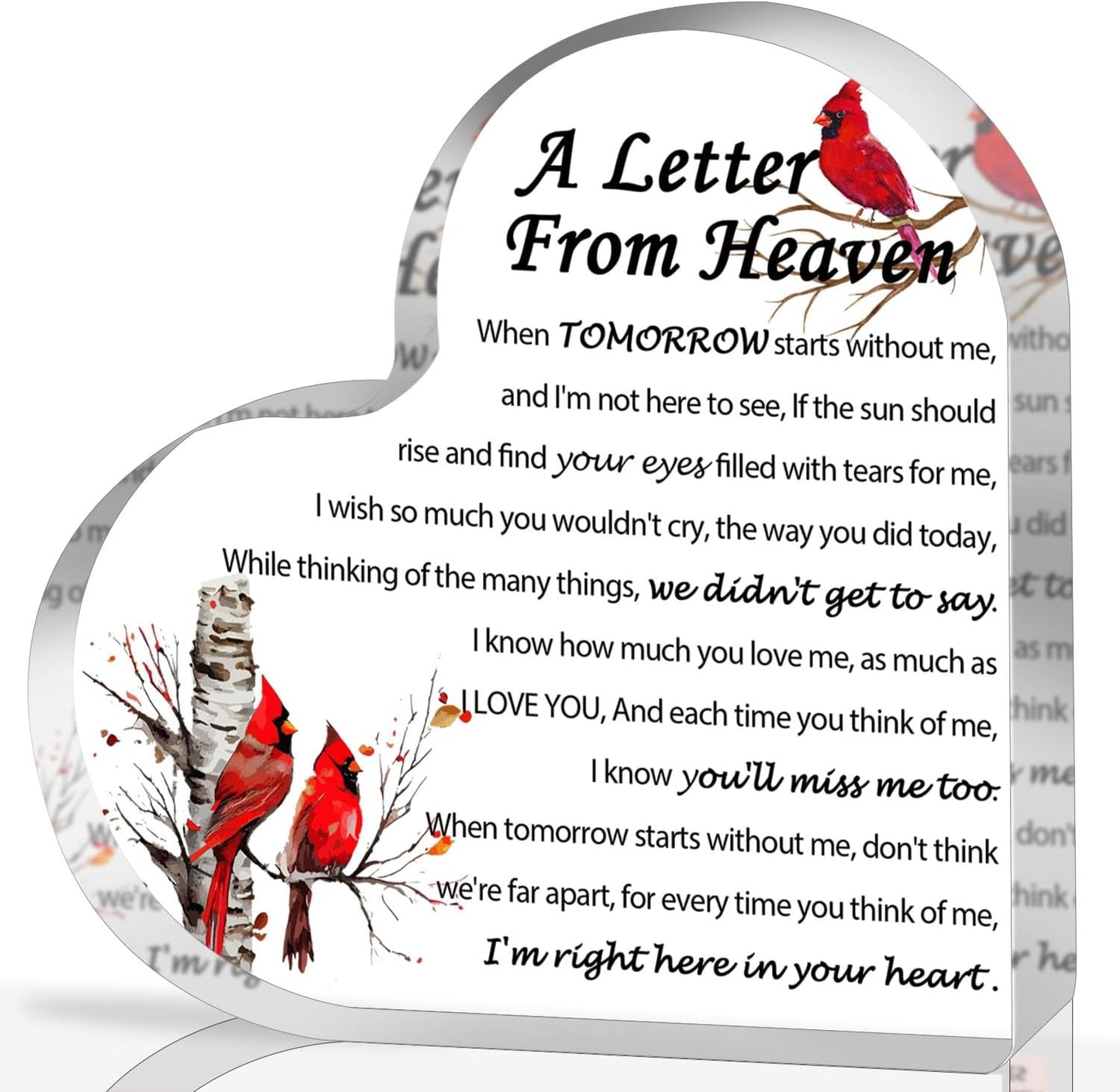 Sympathy Gifts, Red Cardinal Gifts - A Letter from Heaven - Crystal Acrylic Paperweight Remembrance Decorations