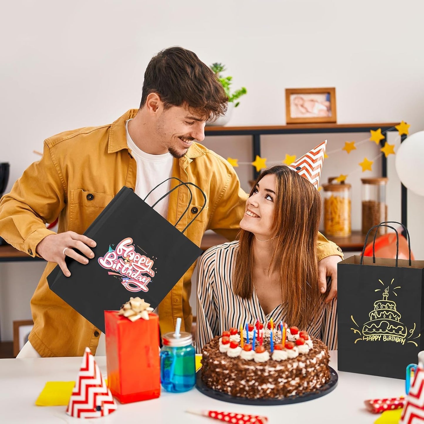 METRONIC Kraft Paper Gift Bags with Handles 8x4.75x10.5 Inch 600 Pcs | Christmas, Birthday Party Favors, Retail Shopping, Small Business Bulk | Black Gift Wrap Bag