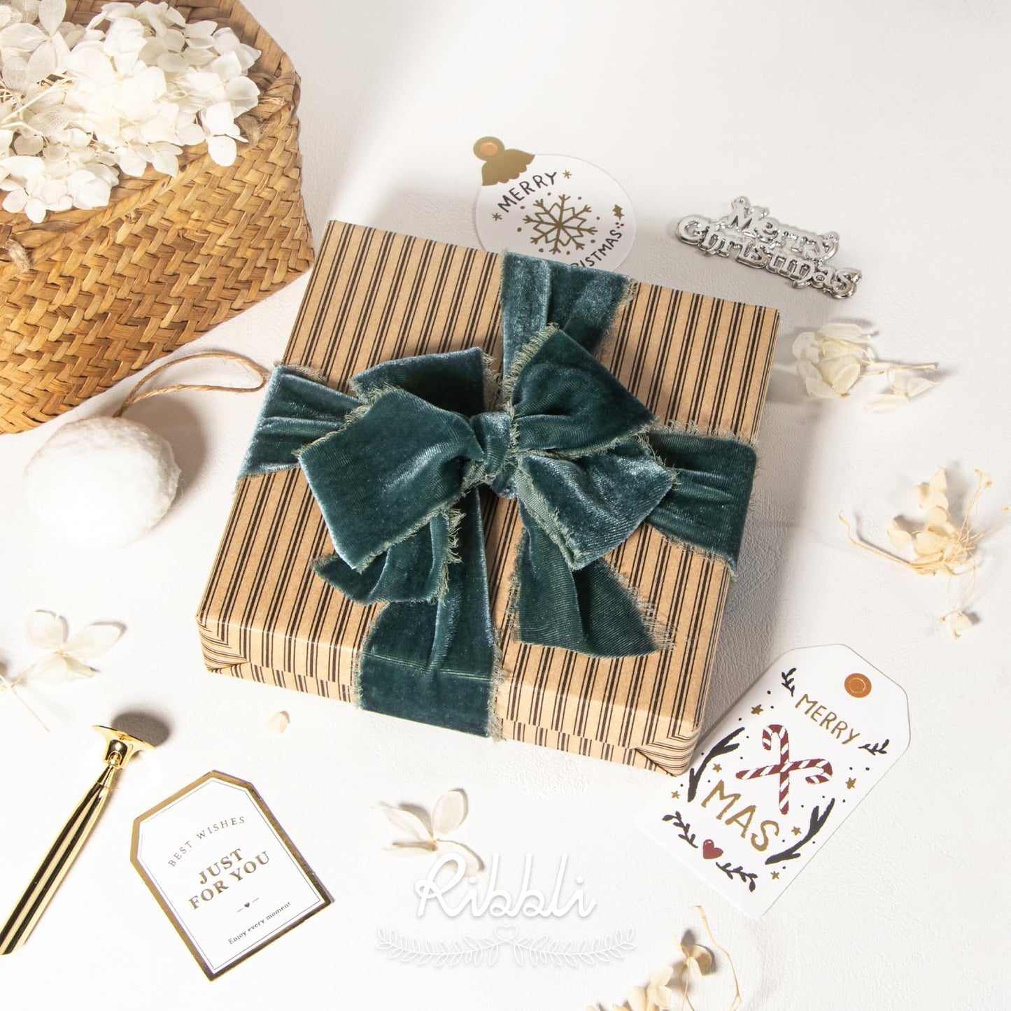 Ribbli Dusty Green Velvet Ribbon 1.5 Inch Handmade Frayed Vintage Steel Blue Christmas Ribbon for Gift Wrapping Christmas Tree Ornament Wreath Craft Home Decor -Total 3 Yards with Wooden Spool