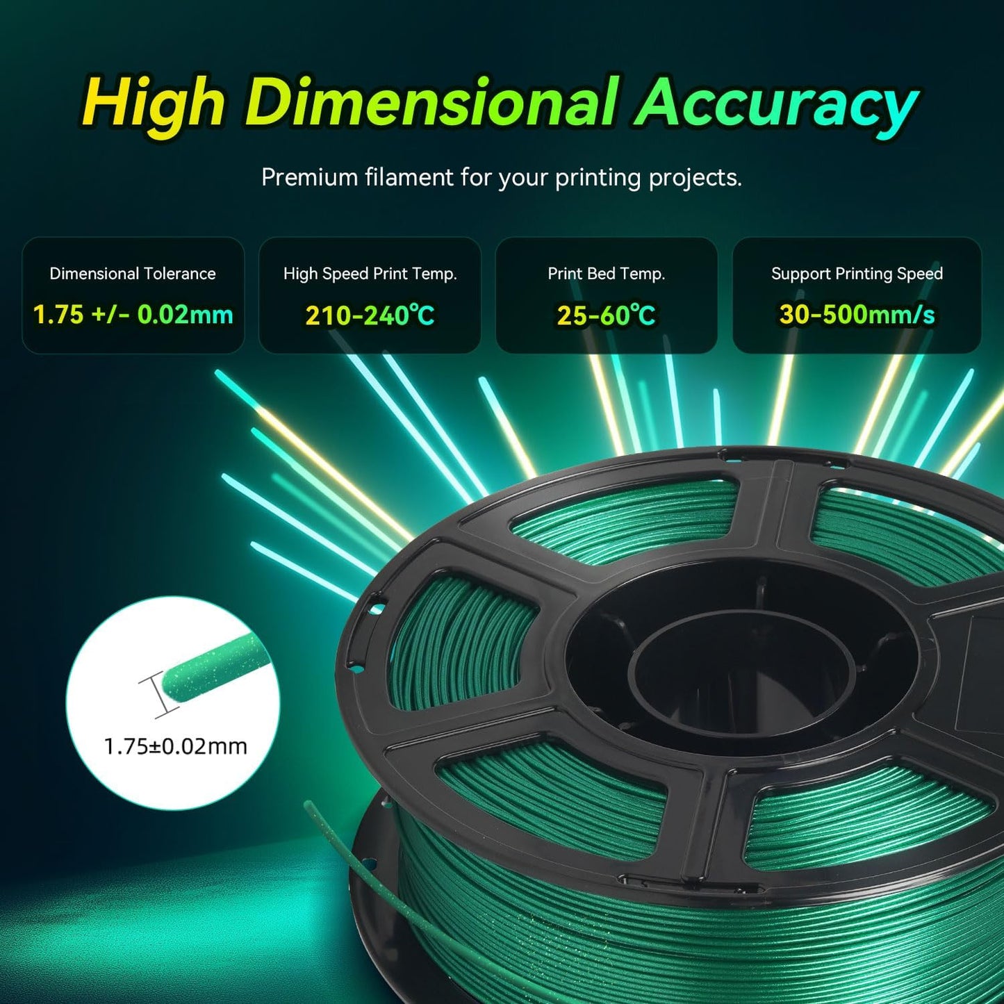 FLASHFORGE Xmas Series Rapid PLA Filament Aurora Green, High Flow Speedy 3D Printer Filament Max 500mm/s High-Speed Printing, Radiated Unparalleled Brilliance, Twinkling and Ultra-Smooth Finish
