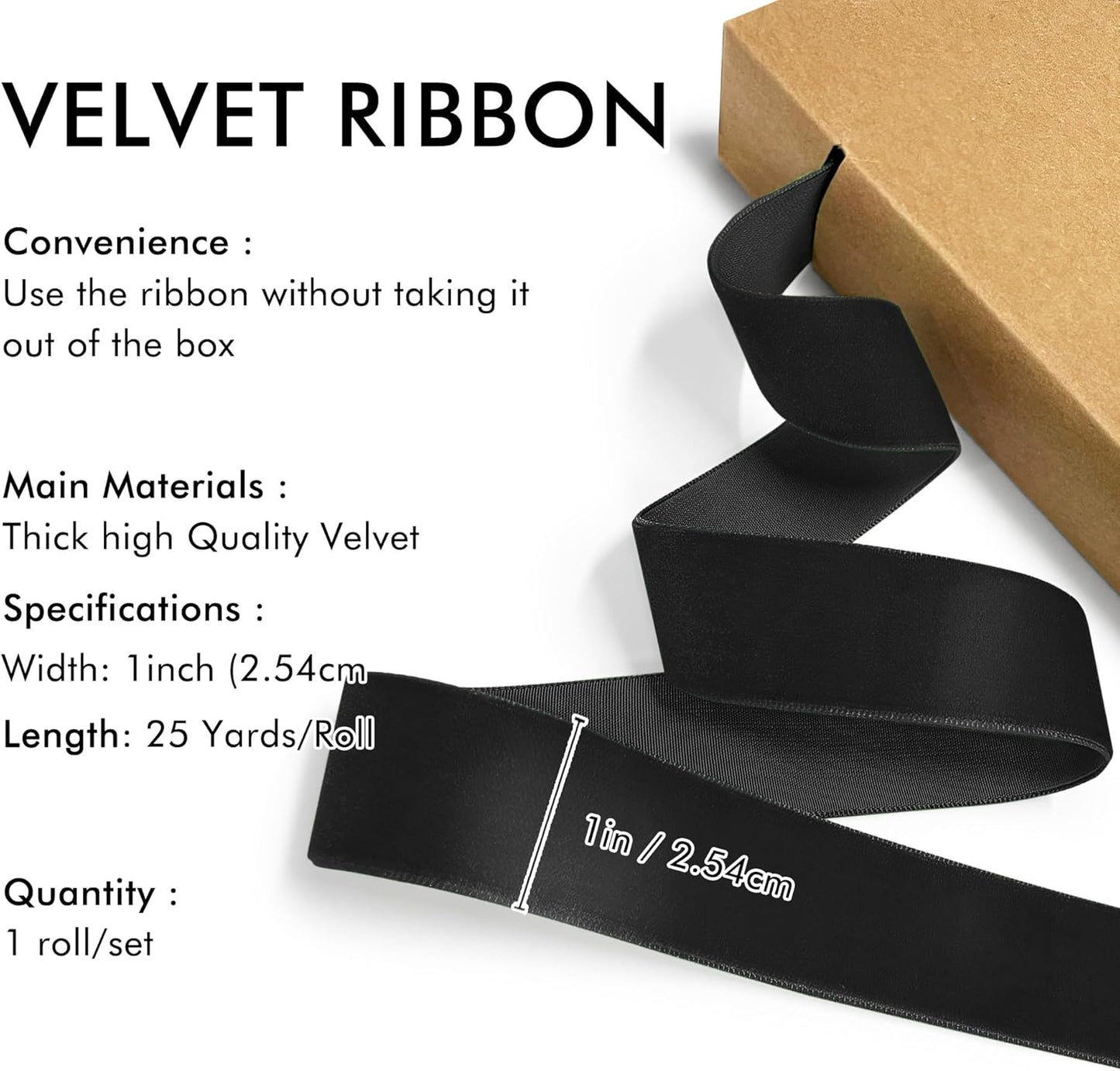 Black Velvet Ribbon 1'' 25 Yards for Christmas Tree, Gift Wrapping, Flower Bouquet, Wreath Decorations, Bow Making
