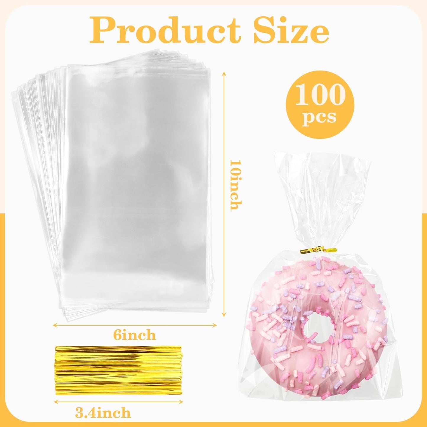 100 PCS Cellophane Treat Bags, Cidenbio 6x10 In Clear Cellophane Gift Bags with Twist Ties Plastic Goodie Bag for Party Favor Cookie Candy Popcorn Bakery Chocolate Gift Wrapping